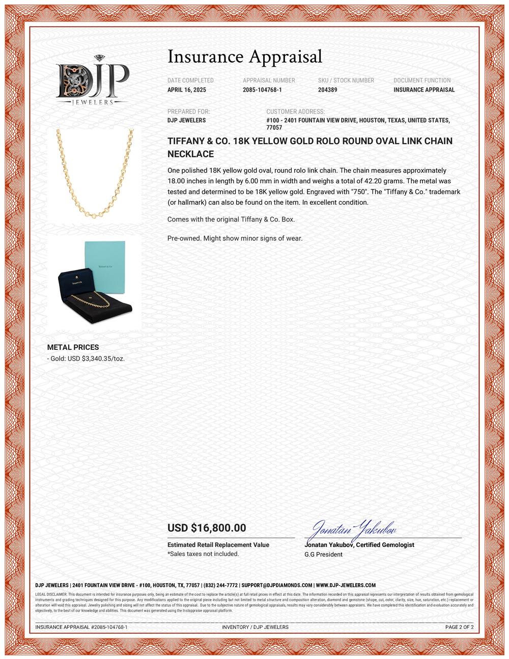 Tiffany & Co. 18K Yellow Gold Rolo Round Oval Link Chain Necklace For Sale 2