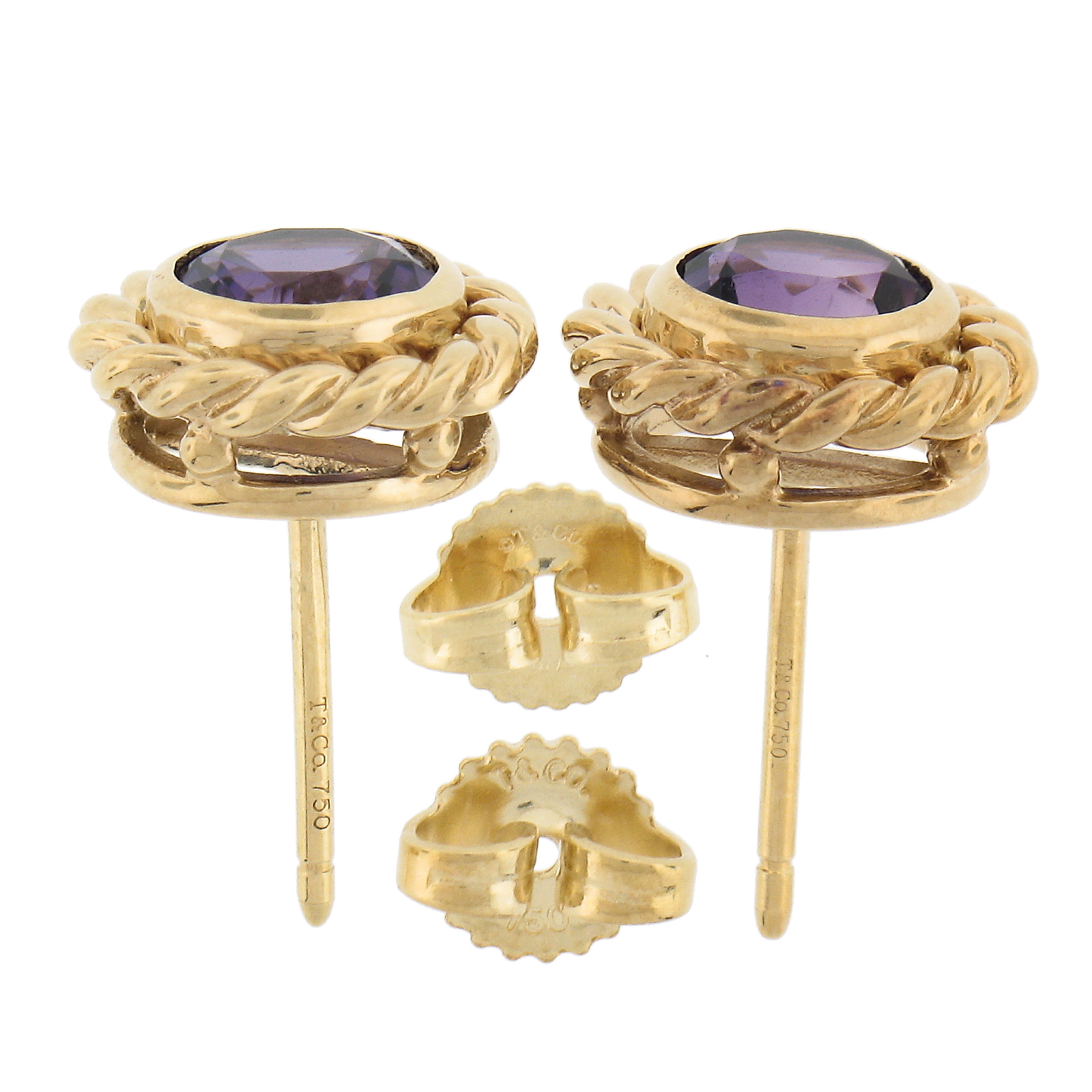 Tiffany & Co. 18k Yellow Gold Round Amethyst Braided Borders Halo Stud Earrings In Excellent Condition In Montclair, NJ