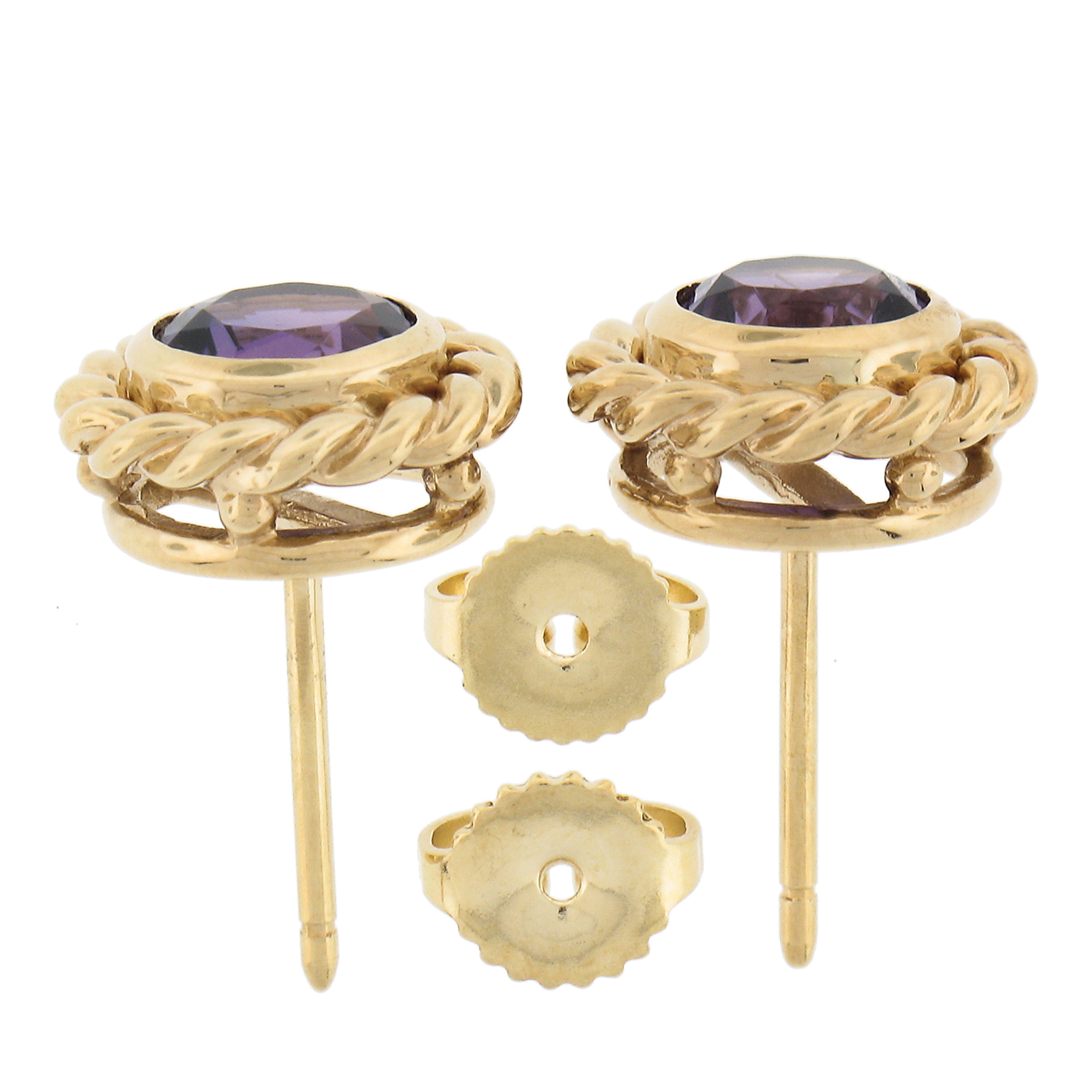 Women's Tiffany & Co. 18k Yellow Gold Round Amethyst Braided Borders Halo Stud Earrings