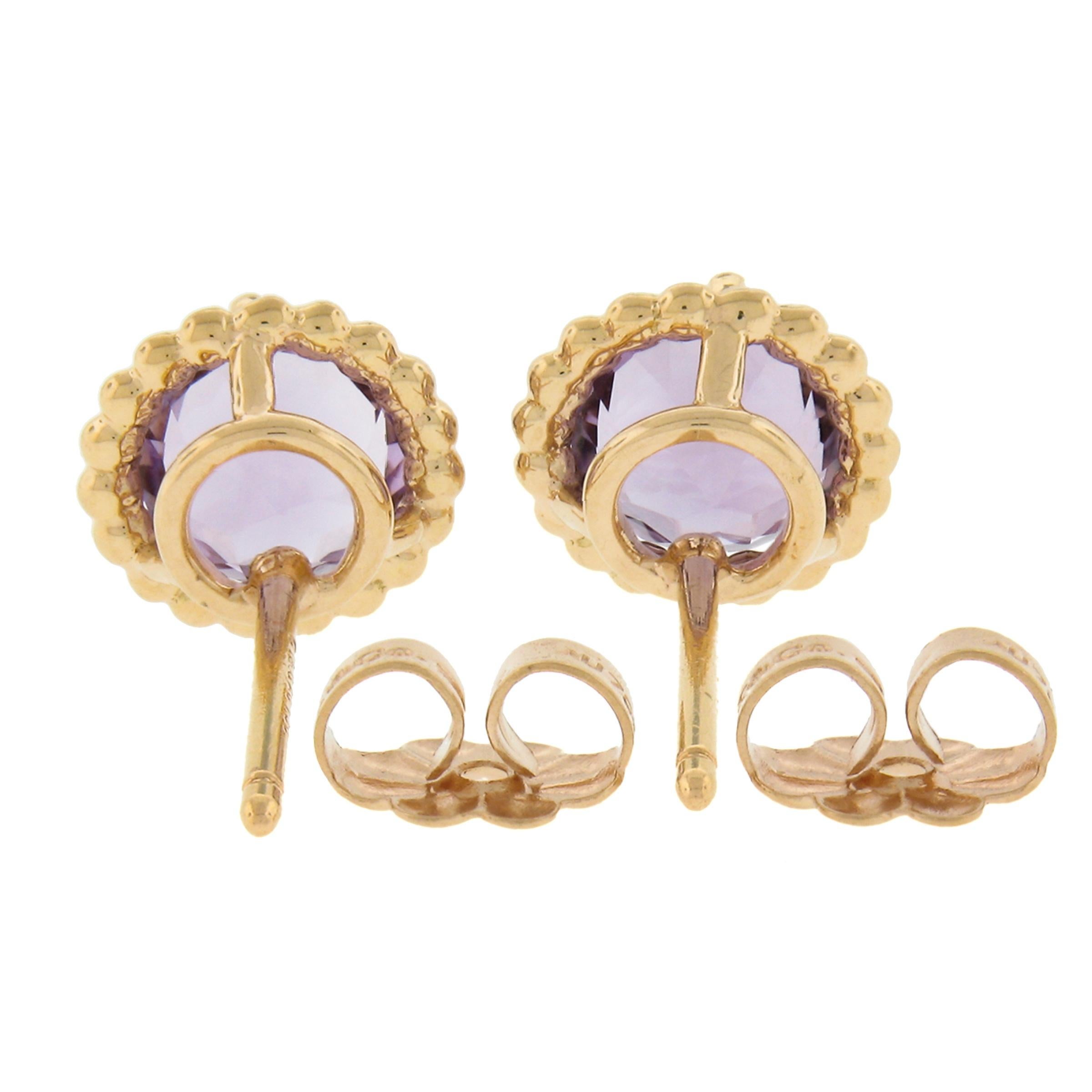 Round Cut Tiffany & Co. 18K Yellow Gold Round Amethyst Solitaire Bead Frame Stud Earrings