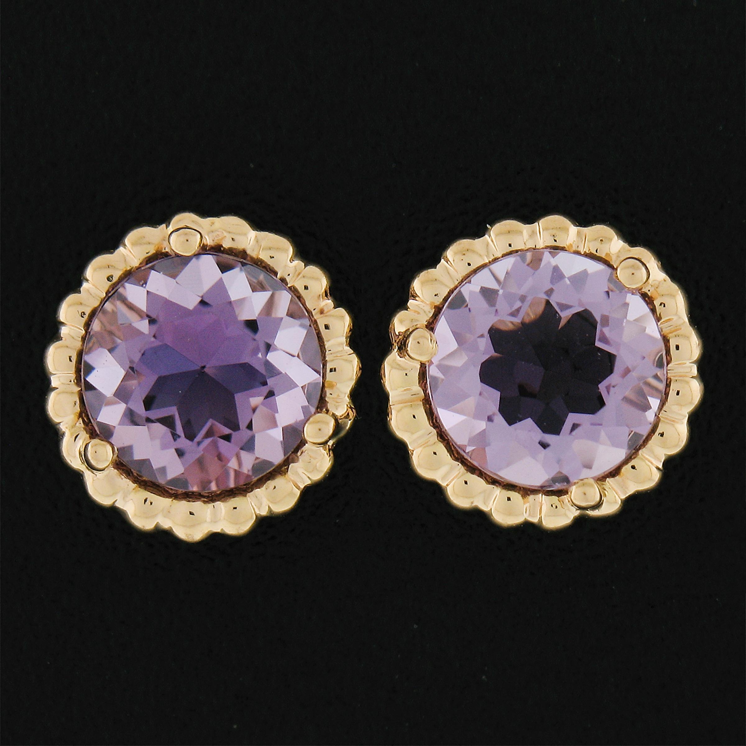 Tiffany & Co. 18K Yellow Gold Round Amethyst Solitaire Bead Frame Stud Earrings In Good Condition In Montclair, NJ