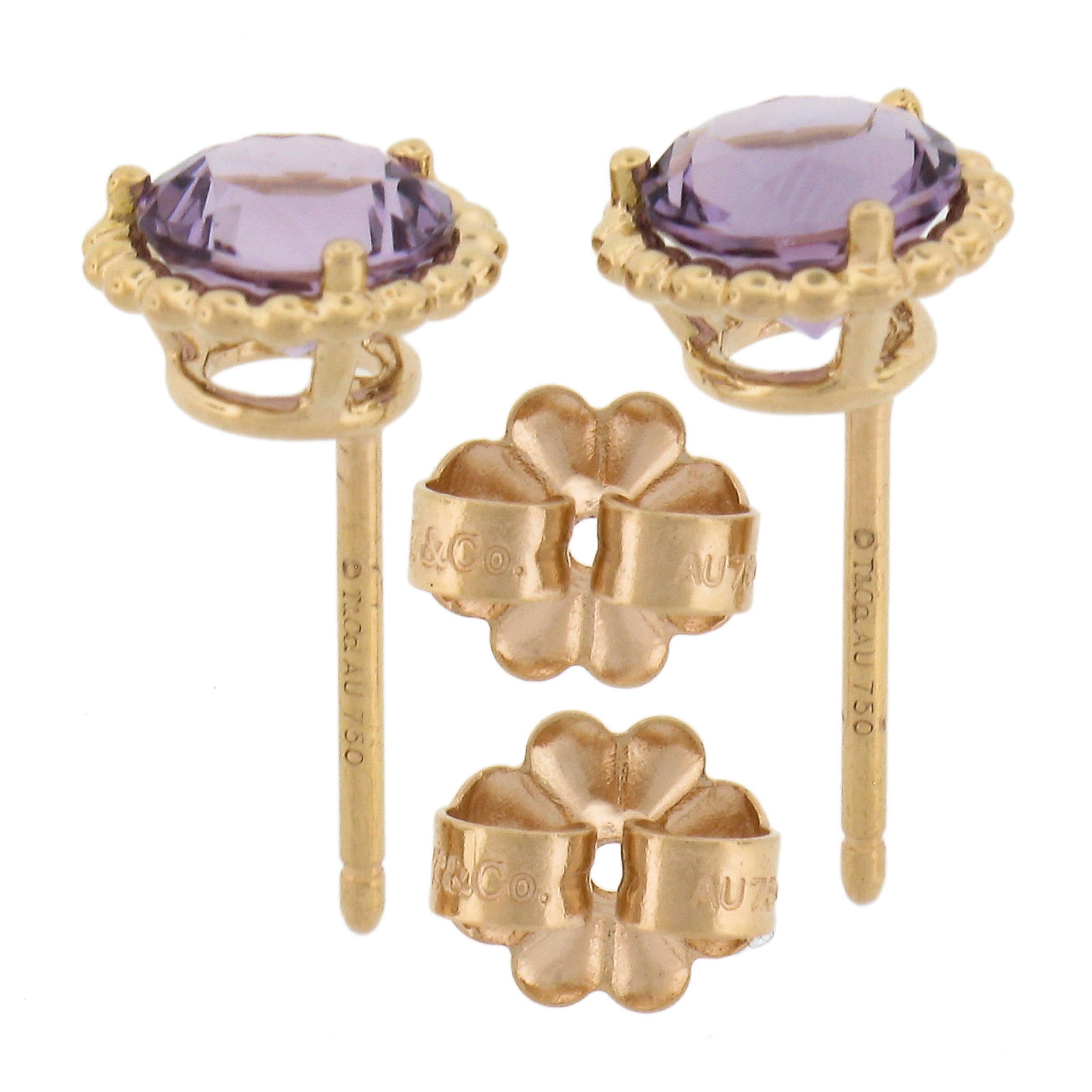 Women's Tiffany & Co. 18K Yellow Gold Round Amethyst Solitaire Bead Frame Stud Earrings