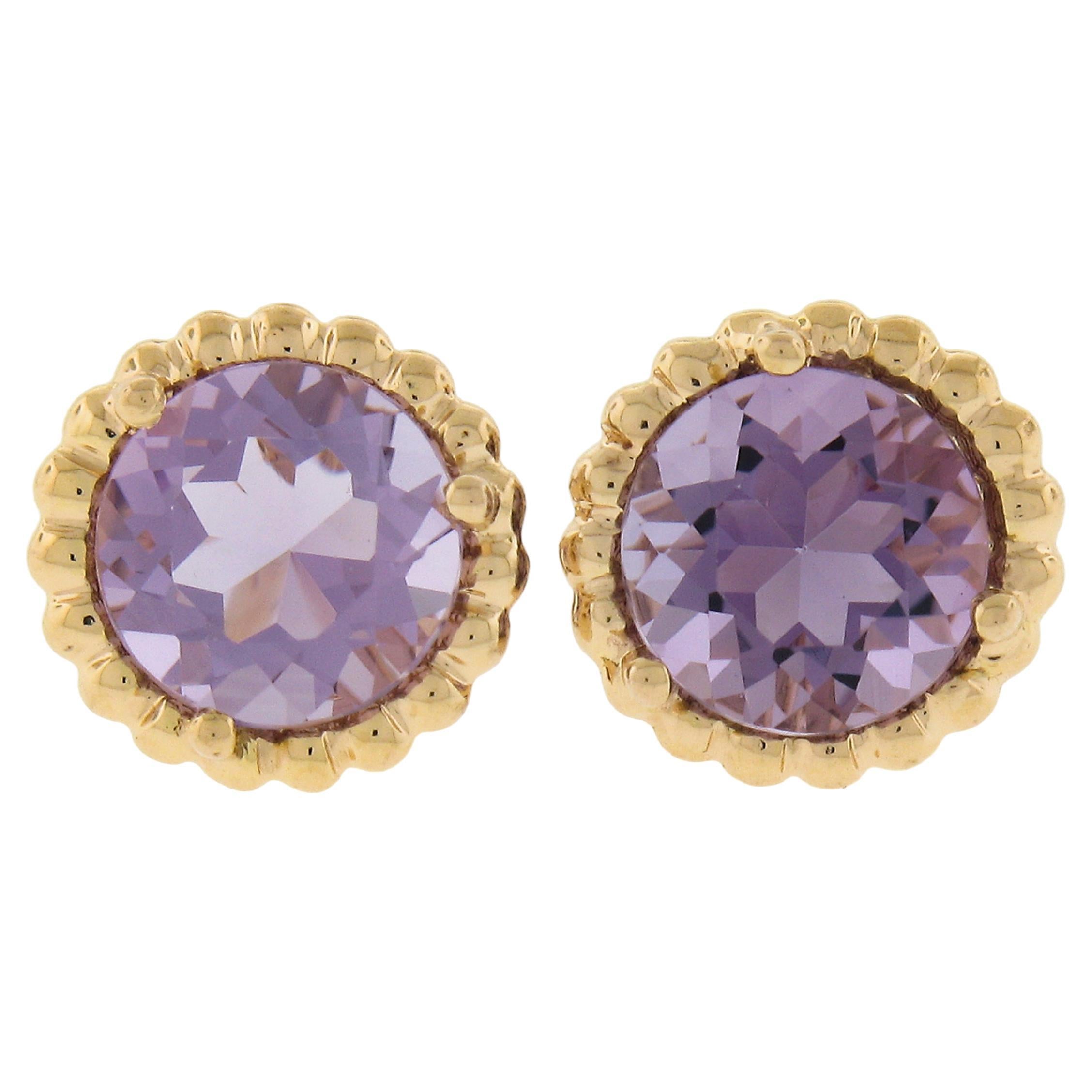 Tiffany & Co. 18K Yellow Gold Round Amethyst Solitaire Bead Frame Stud Earrings