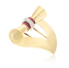 TIFFANY & CO. 18K Yellow Gold Ruby and Diamond Brooch