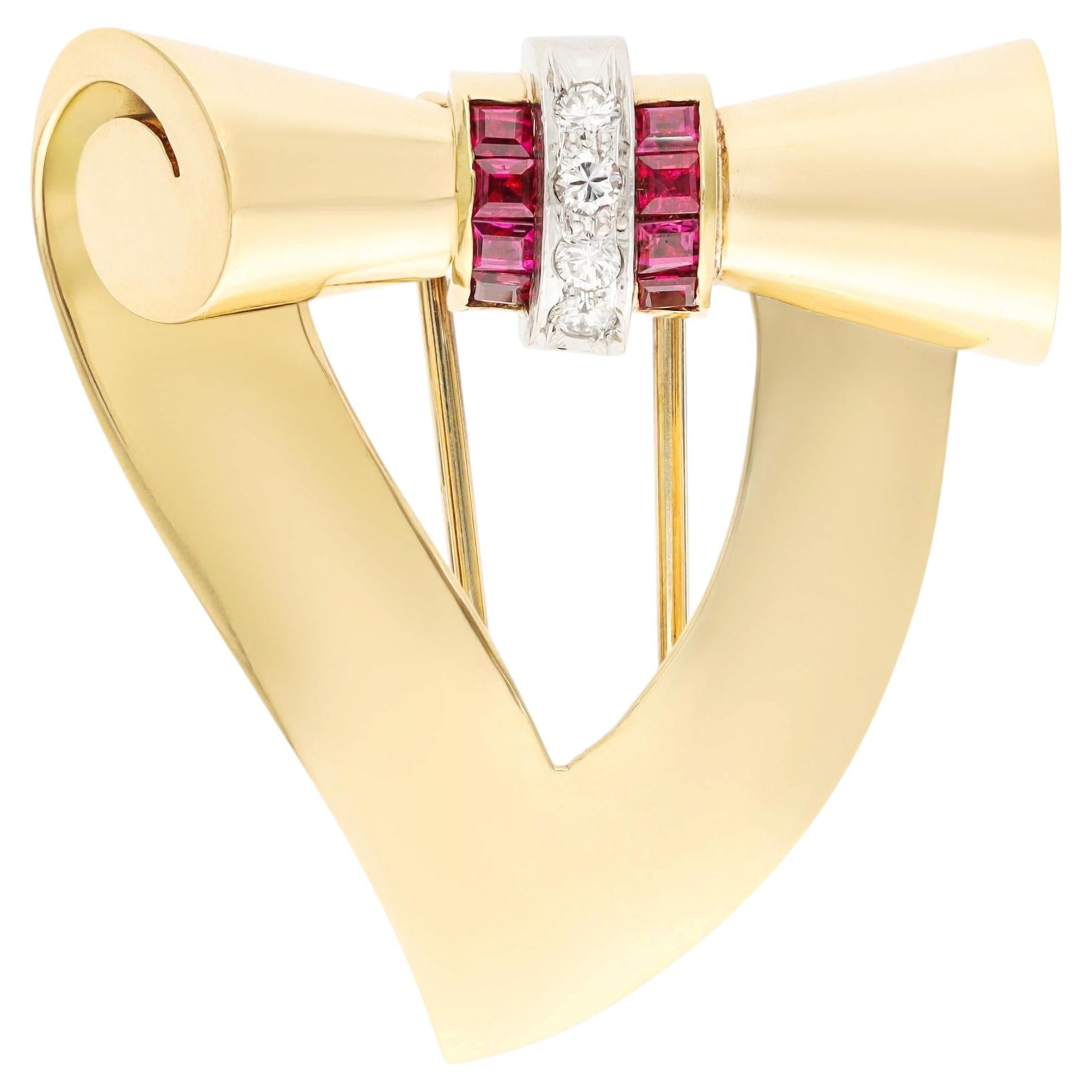 TIFFANY & CO. 18K Yellow Gold Ruby and Diamond Brooch For Sale