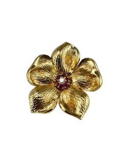 Tiffany & Co. 18K Yellow Gold Ruby and Diamond Flower Brooch/Pin #25053