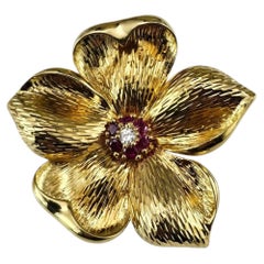 Tiffany & Co. 18K Yellow Gold Ruby and Diamond Flower Brooch/Pin #25053