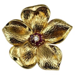 Tiffany & Co. 18K Yellow Gold Ruby and Diamond Flower Brooch/Pin #25053