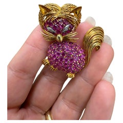 TIFFANY & CO. 18k Yellow Gold, Ruby & Diamond Cat Clip Pin Brooch Vintage 1960s