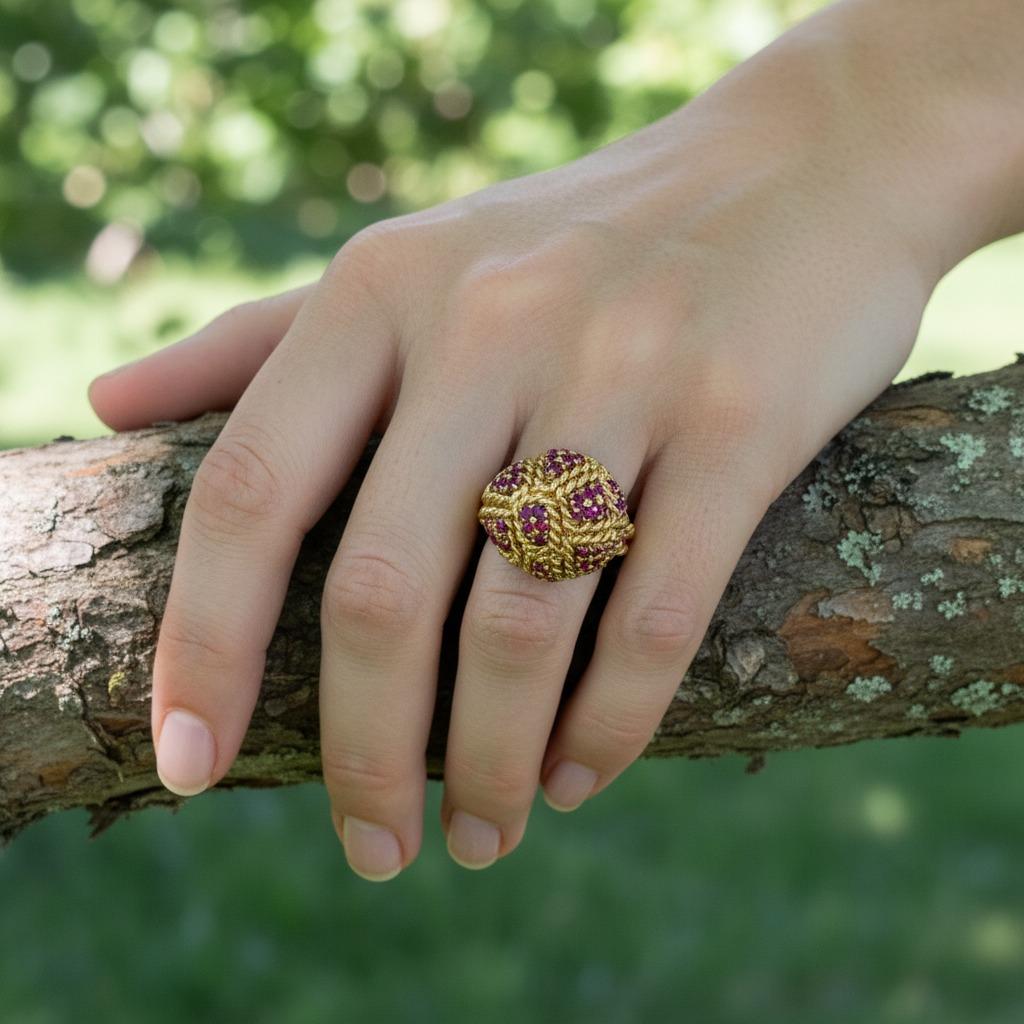 Tiffany & Co. Anillo de oro amarillo de 18 quilates con cúpula sobredimensionada de rubíes Circa 1970s en Excelente estado para la venta en Chicago, IL