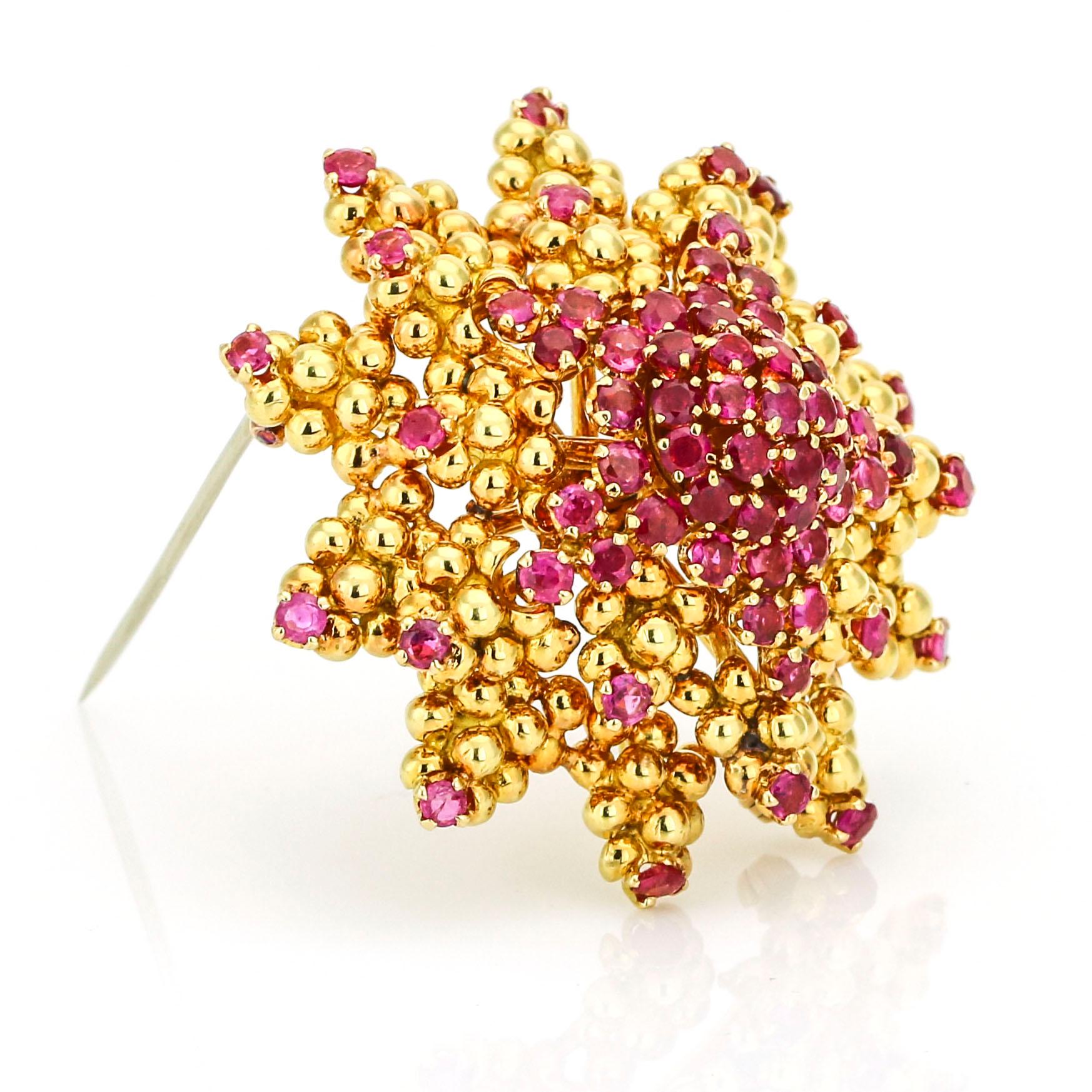 Retro Tiffany & Co. 18 Karat Yellow Gold Ruby Sun Starfish Brooch For Sale