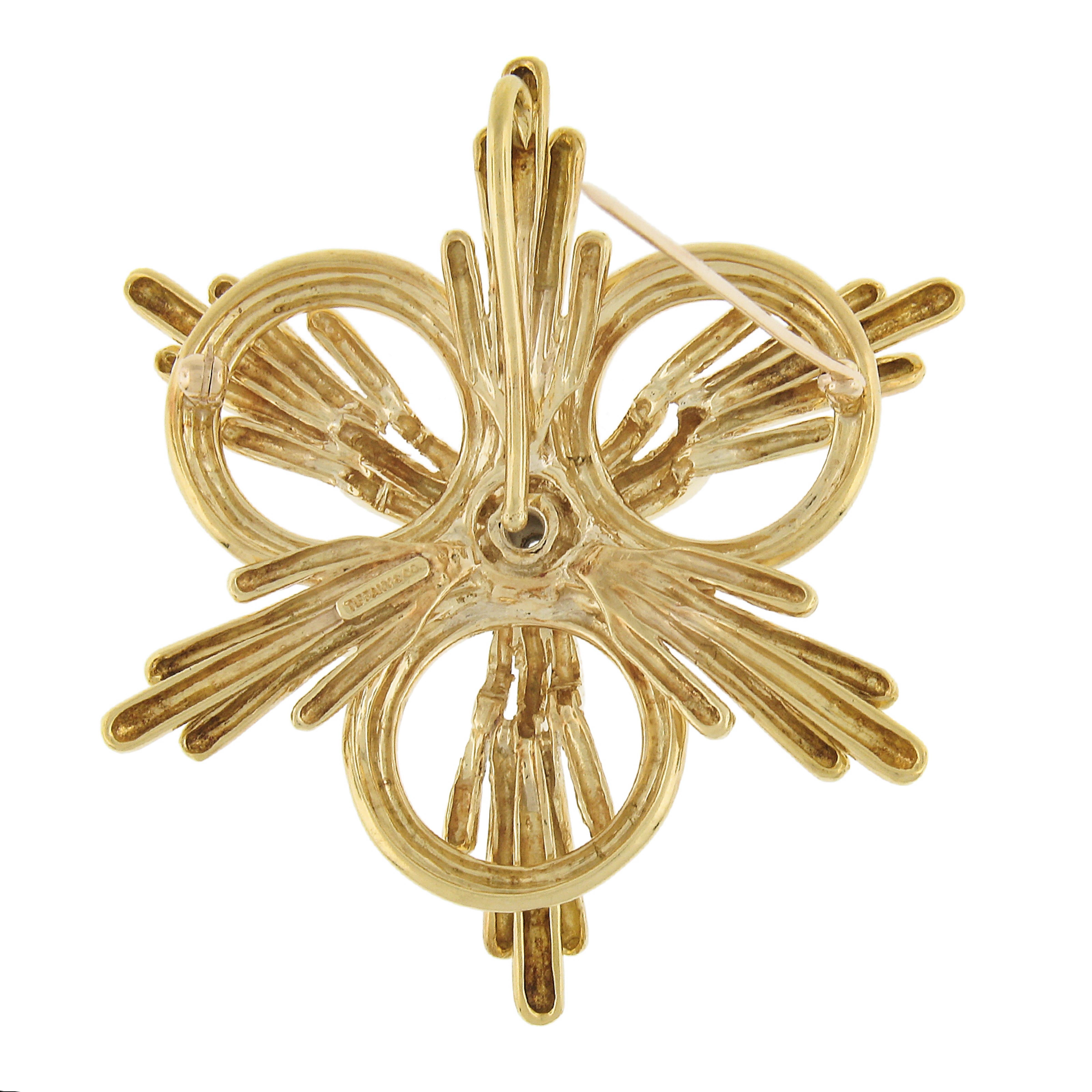 Round Cut Tiffany & Co. 18k Yellow Gold Sapphire and Diamond Large Floral Brooch Pendant For Sale