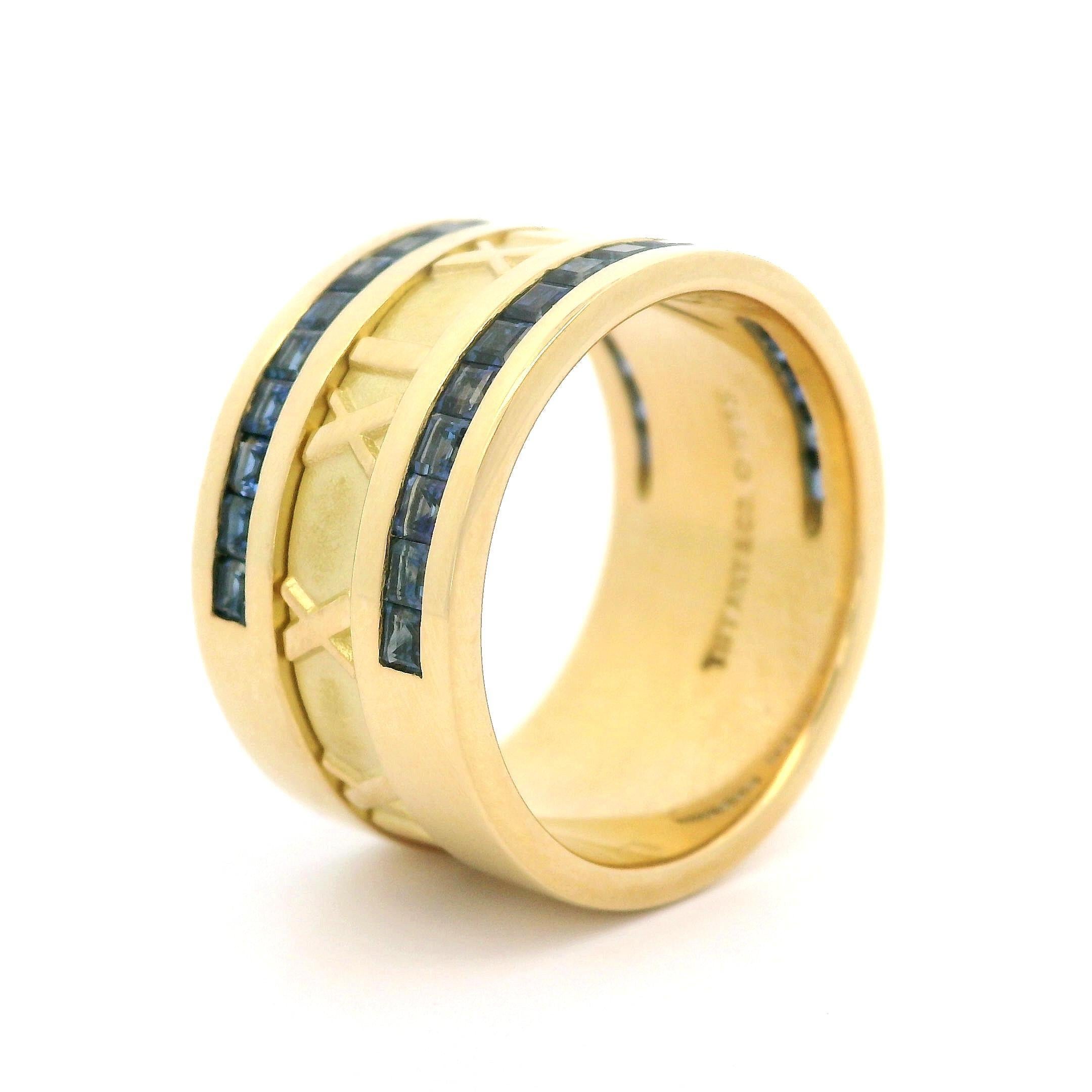 Tiffany & Co. 18k Yellow Gold Sapphire Atlas Wide Roman Numeral Band Ring In Excellent Condition In Montclair, NJ