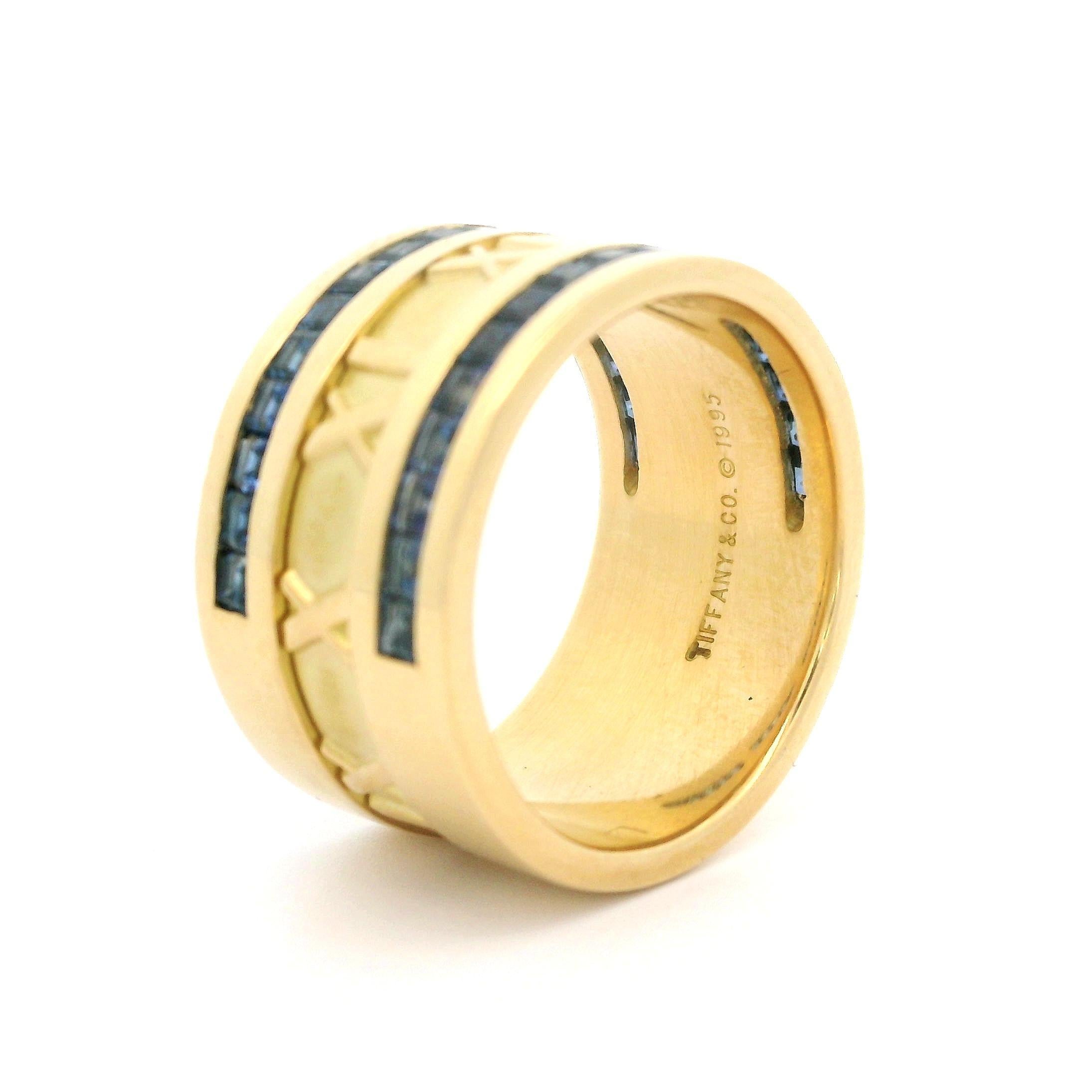 Women's Tiffany & Co. 18k Yellow Gold Sapphire Atlas Wide Roman Numeral Band Ring