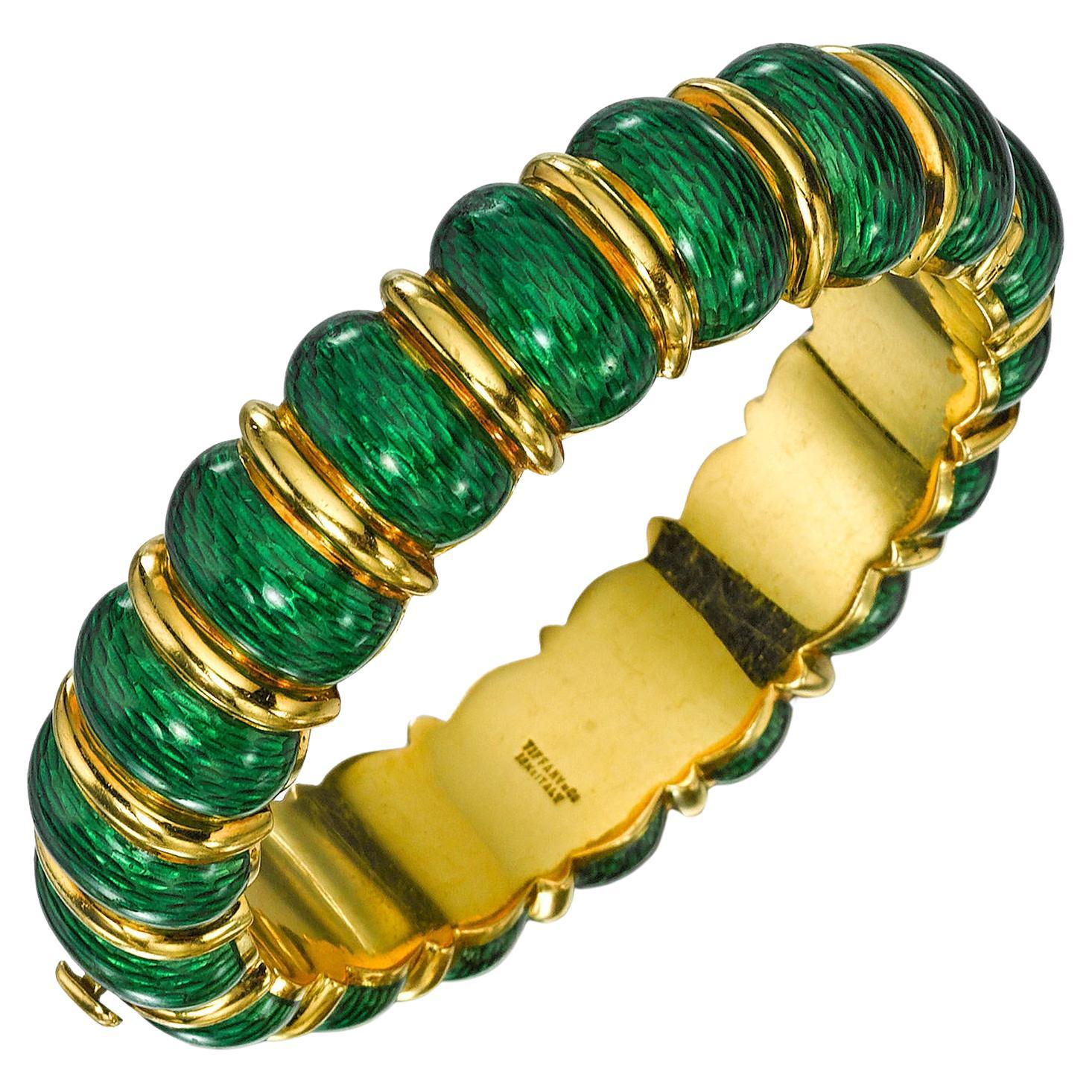 Tiffany & Co. 18k Yellow Gold & Scalloped Green Enamel Bangle Bracelet, Size 6.5