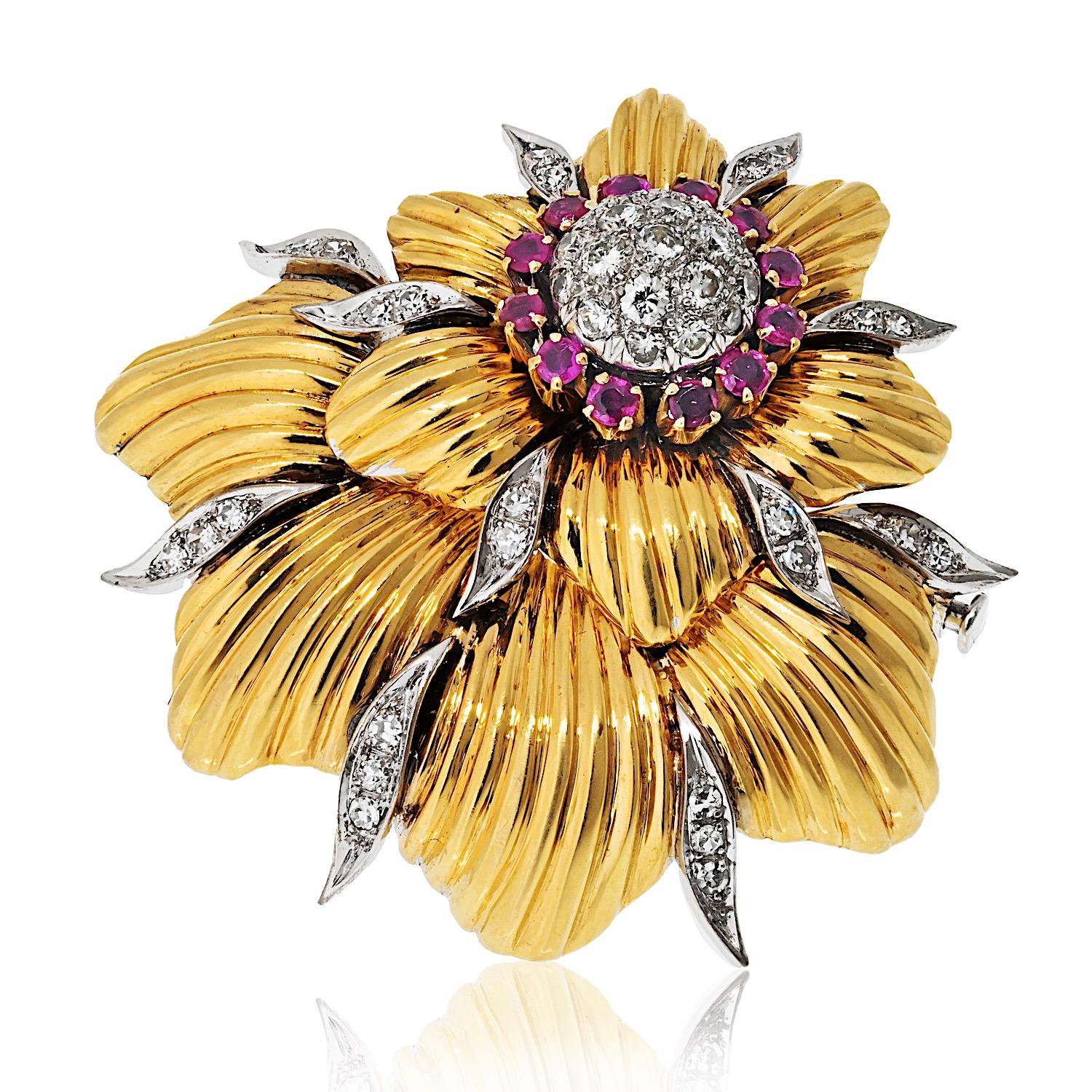 Tiffany & Co. Schlumberger Platinum & 18K Yellow Gold Flower Brooch  

This exquisite Tiffany & Co. Schlumberger brooch showcases a timeless flower motif, crafted in a luxurious combination of platinum and 18K yellow gold. Accented with vibrant