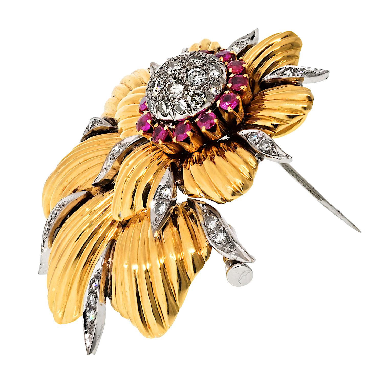 Modern Tiffany & Co. 18K Yellow Gold Schlumberger Diamond And Ruby Foliage Brooch For Sale