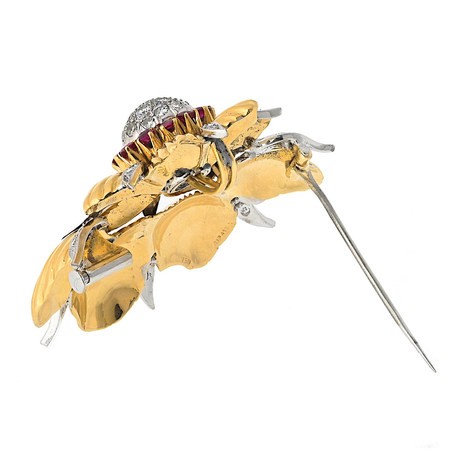 Round Cut Tiffany & Co. 18K Yellow Gold Schlumberger Diamond And Ruby Foliage Brooch For Sale