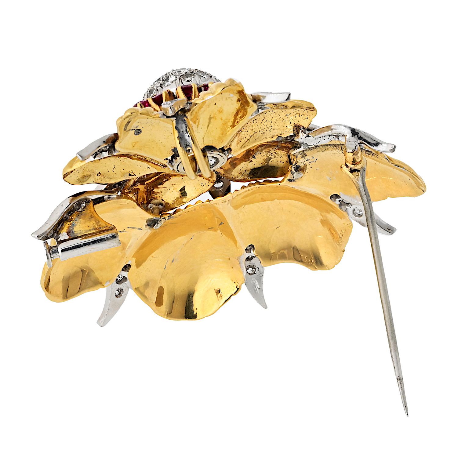Tiffany & Co. 18K Yellow Gold Schlumberger Diamond And Ruby Foliage Brooch In Excellent Condition For Sale In New York, NY