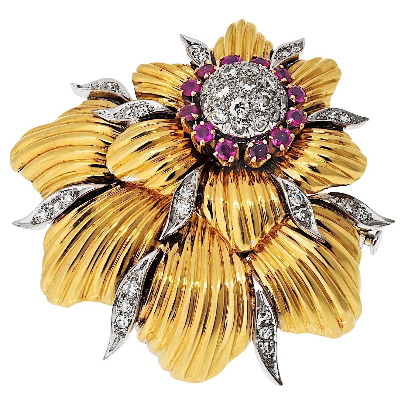 Tiffany & Co. 18K Yellow Gold Schlumberger Diamond And Ruby Foliage Brooch