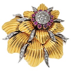 Tiffany & Co. 18K Yellow Gold Schlumberger Diamond And Ruby Foliage Brooch