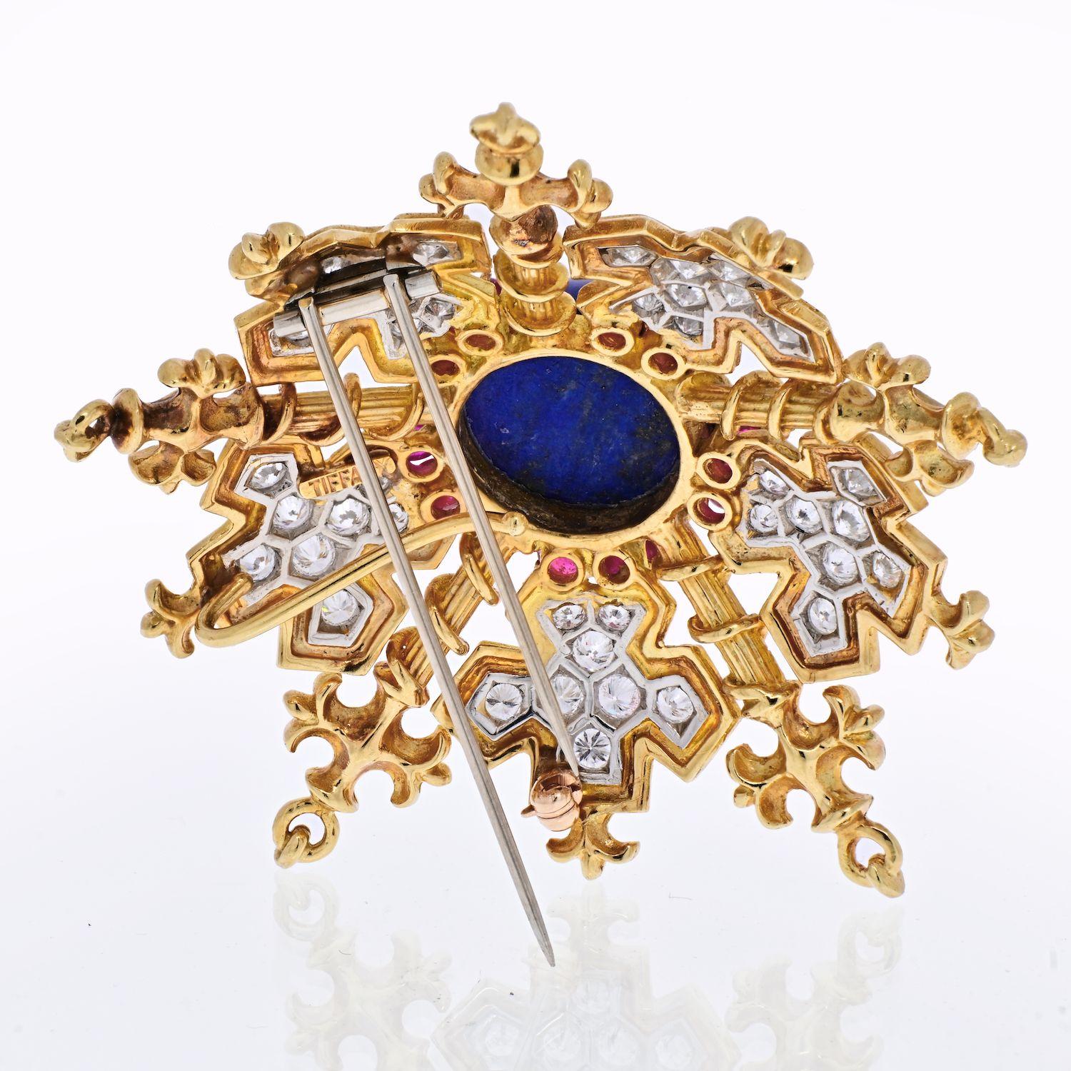 Modern Tiffany & Co. 18k Yellow Gold Snowflake with Lapis, Rubies and Diamonds Brooch For Sale