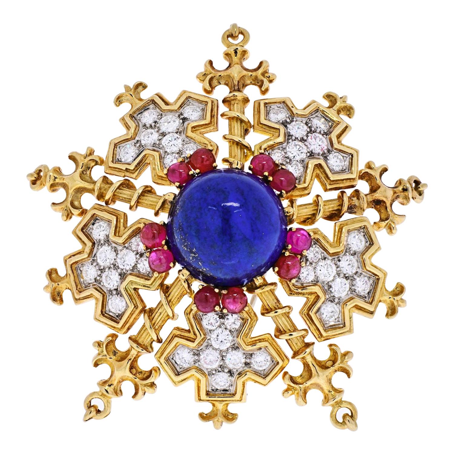 Tiffany & Co. 18k Yellow Gold Snowflake with Lapis, Rubies and Diamonds Brooch
