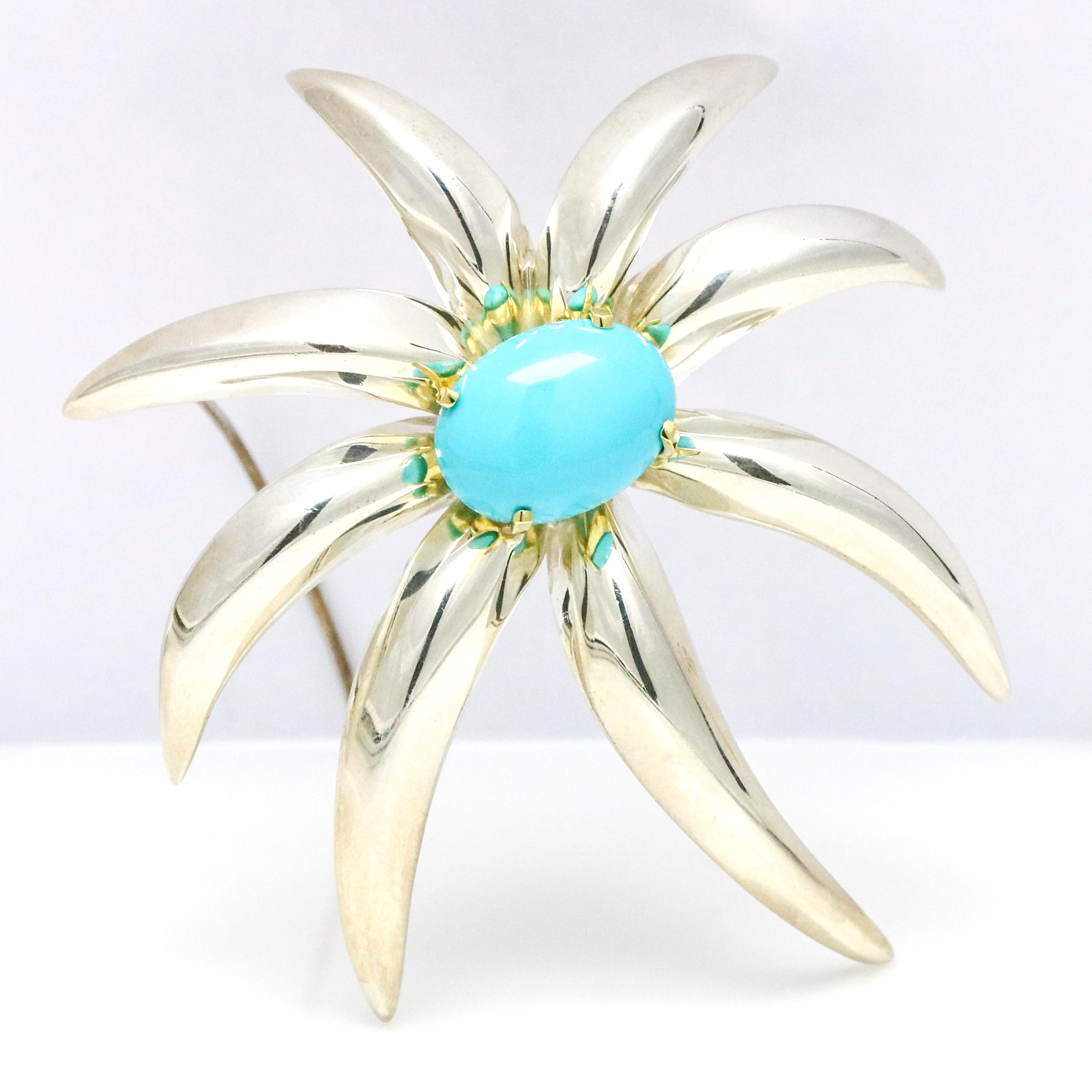 Modern Tiffany & Co. 18 Karat Gold Sterling Silver Fireworks Persian Turquoise Brooch For Sale
