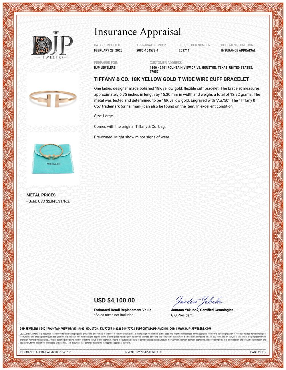Tiffany & Co. 18K Yellow Gold T Wide Wire Cuff Bracelet 3