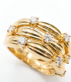 Tiffany & Co 18K Yellow Gold Three-Row Ribbed Diamond Basket Weave Band Ring