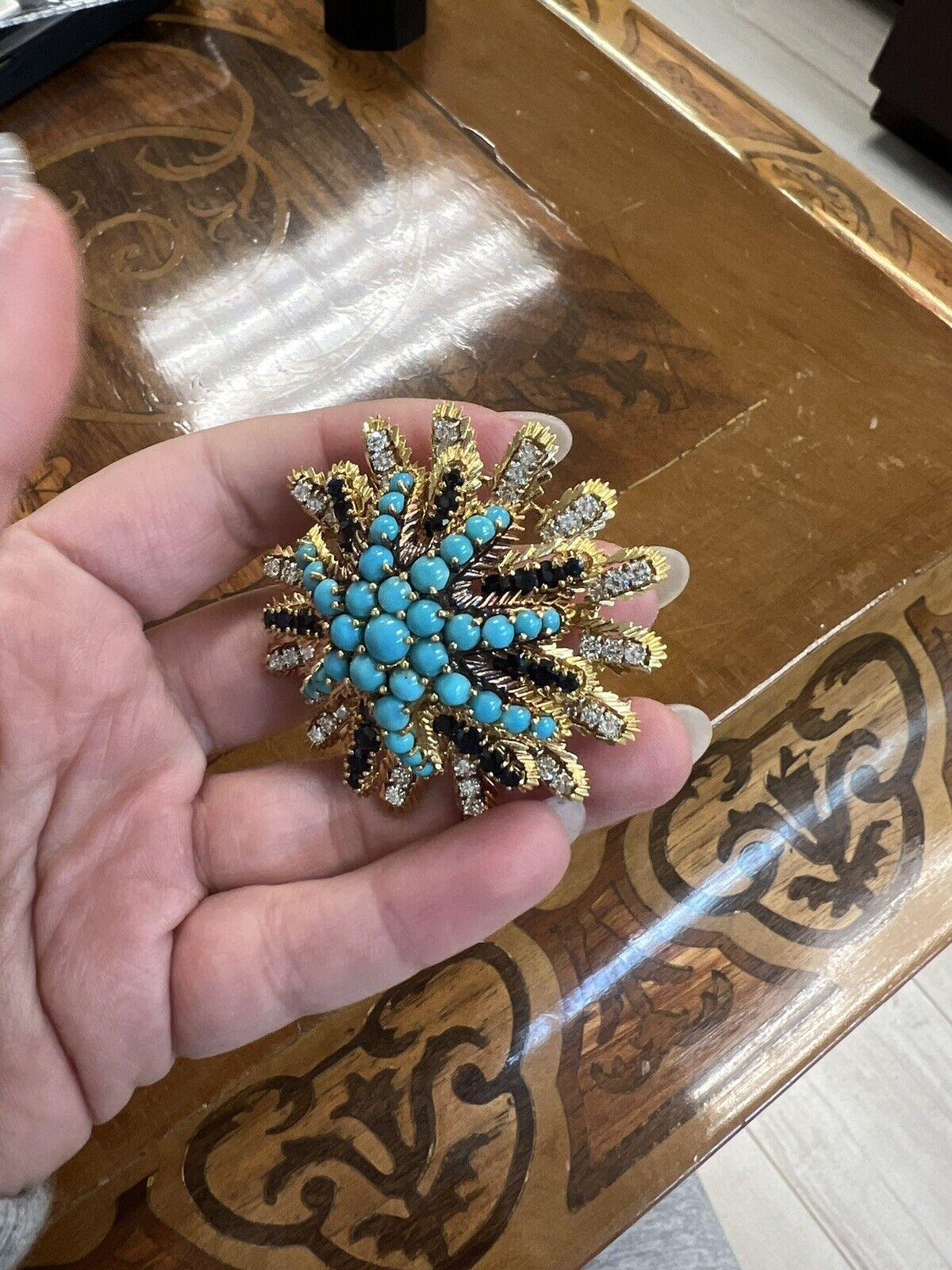 Tiffany & Co. 18k Yellow Gold, Turquoise, Sapphire & Diamond Brooch Vintage In Excellent Condition In Beverly Hills, CA
