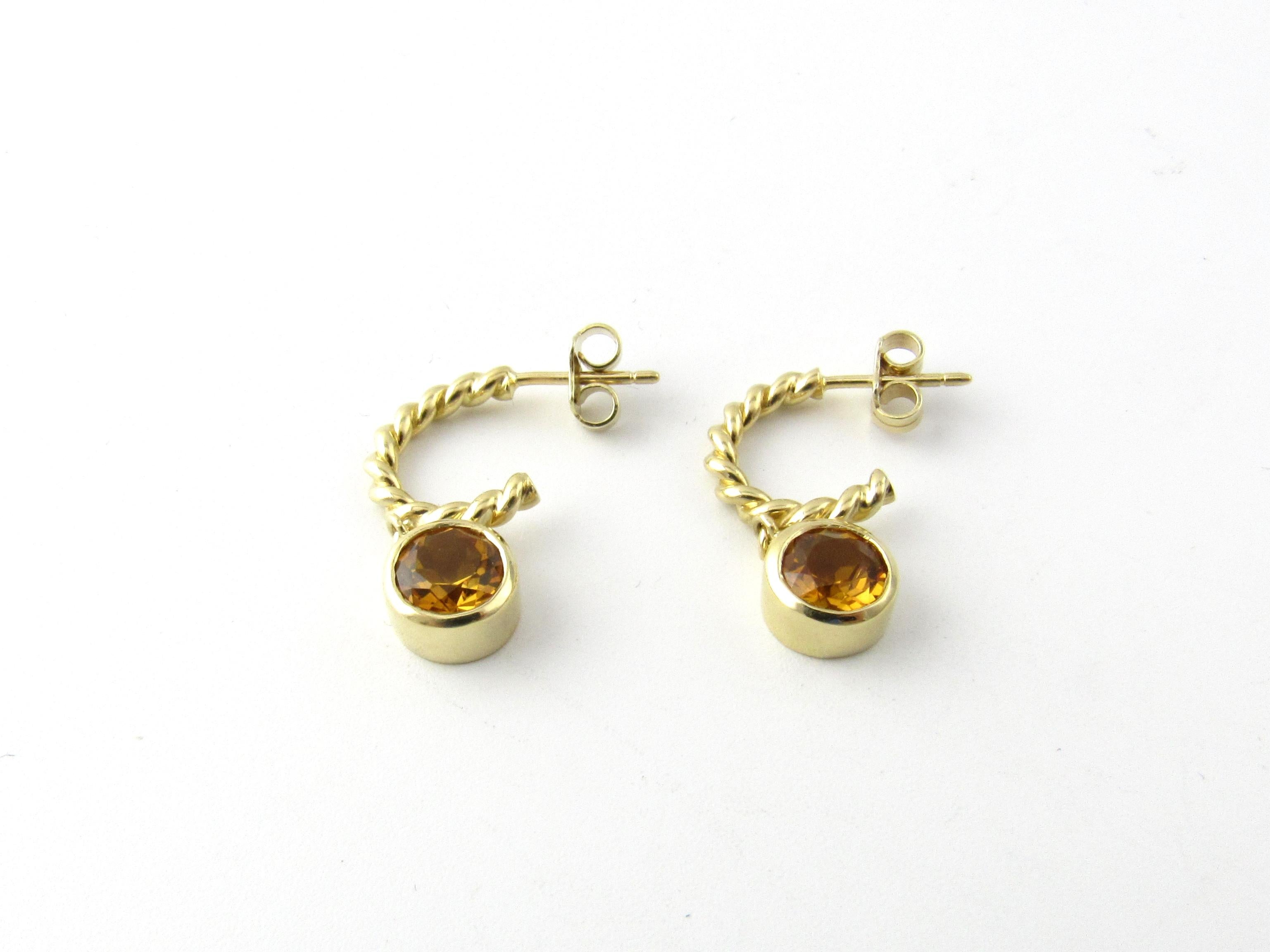 Round Cut Tiffany & Co. 18 Karat Yellow Gold Twisted Rope Hoop Dangle Citrine Earrings