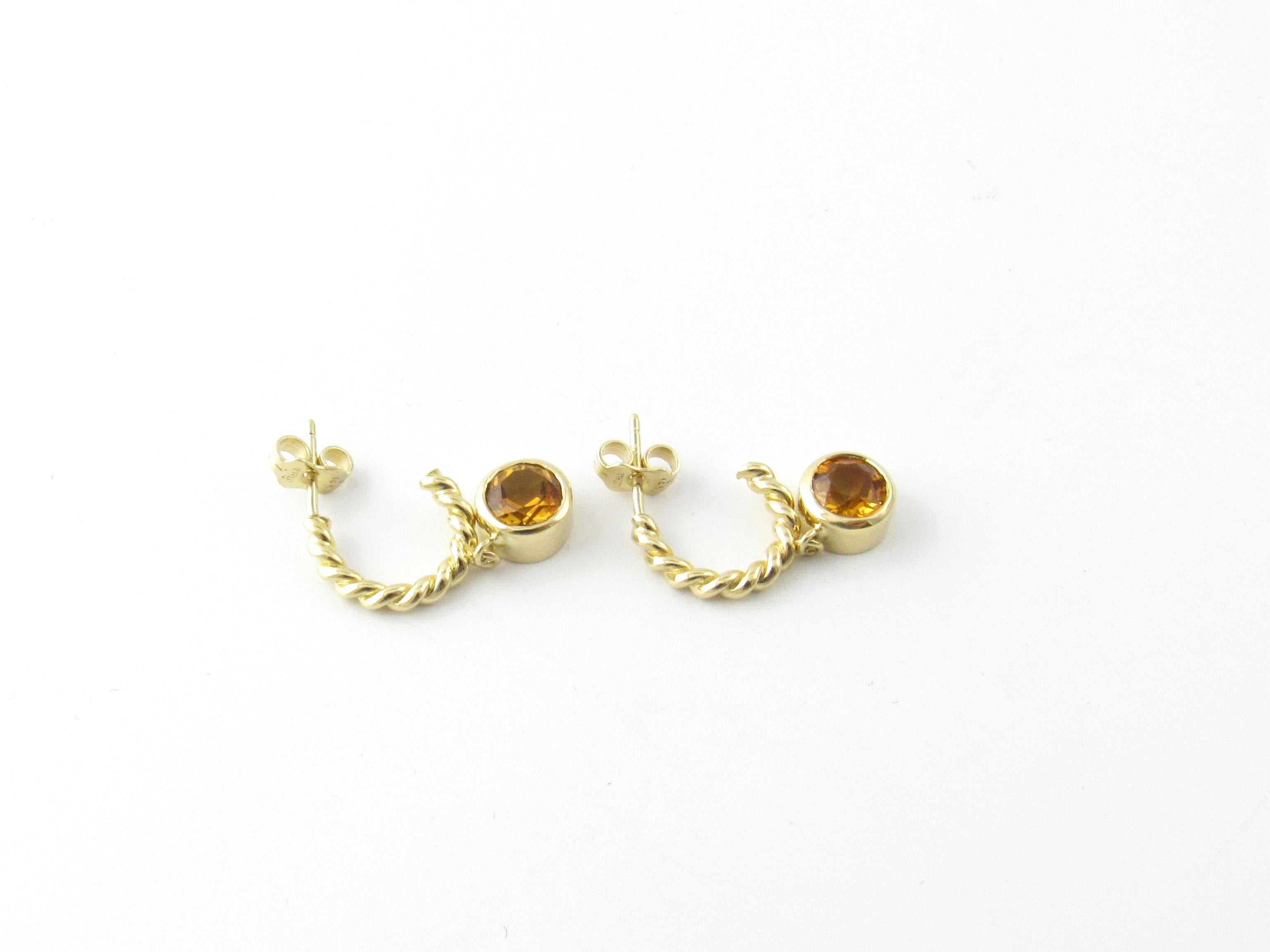 Tiffany & Co. 18 Karat Yellow Gold Twisted Rope Hoop Dangle Citrine Earrings In Good Condition In Washington Depot, CT