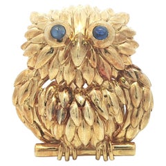 Tiffany & Co. 18k Yellow Gold Whimsical Owl Pin Brooch Bezel Sapphire Eyes