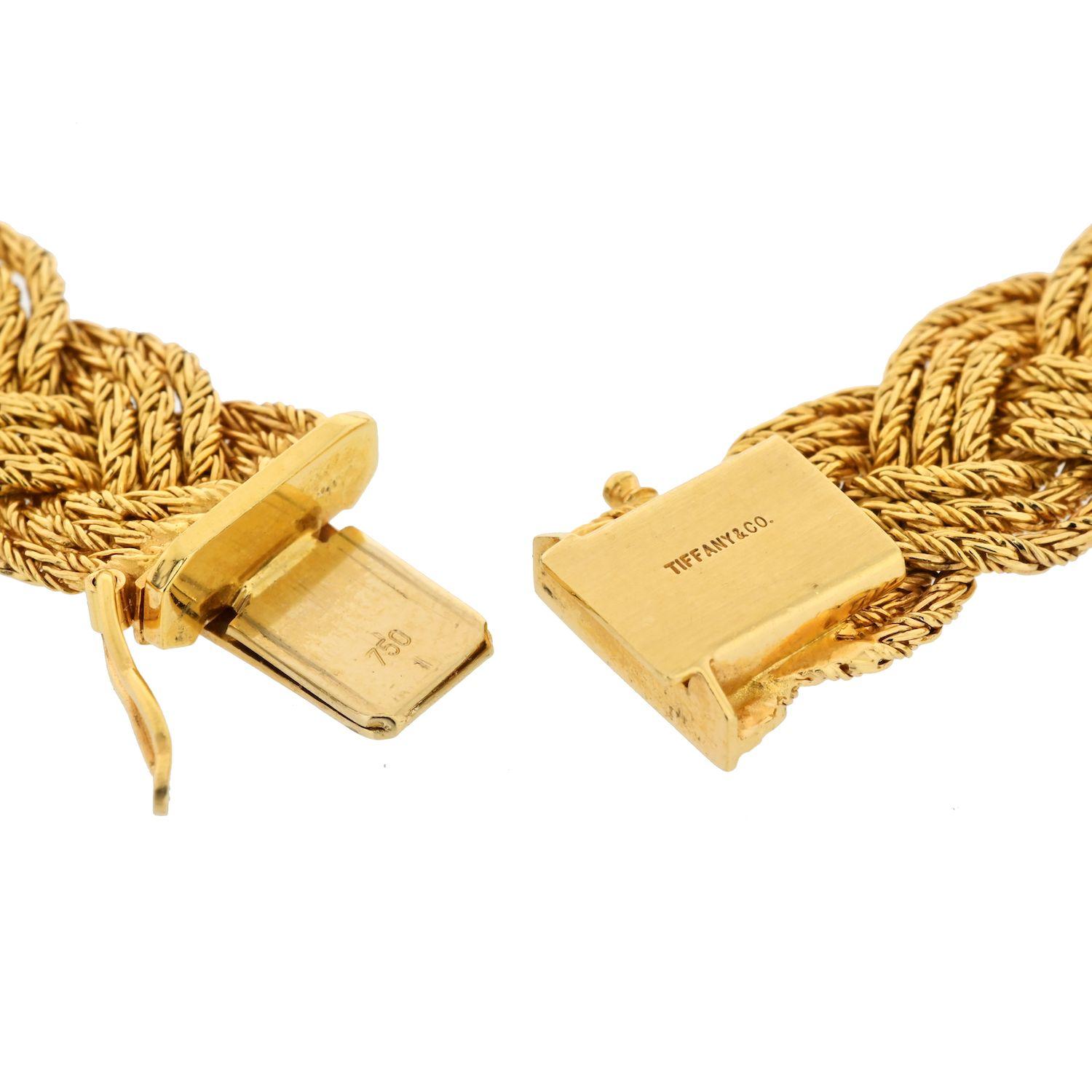 Lovely vintage Tiffany & Co. 18K Yellow Gold Necklace. Styled as a woven braid it lays comfortable and stylish on the neckbone same way as it was worn 40 years ago. 
Excellent condition this necklace is perfect for everyday as well as special