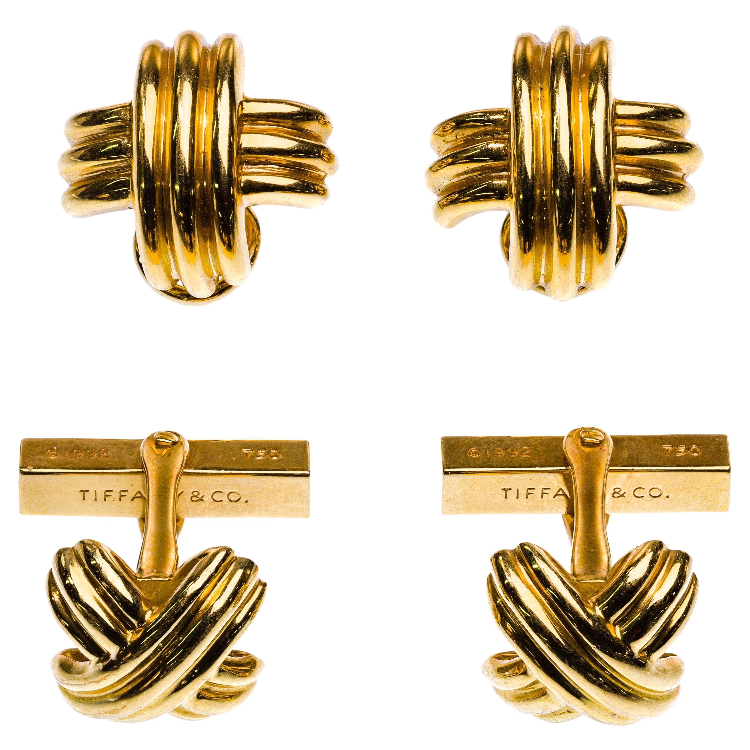 Tiffany & Co 18k Yellow Gold 'X' Earring and Cufflink Sets For Sale