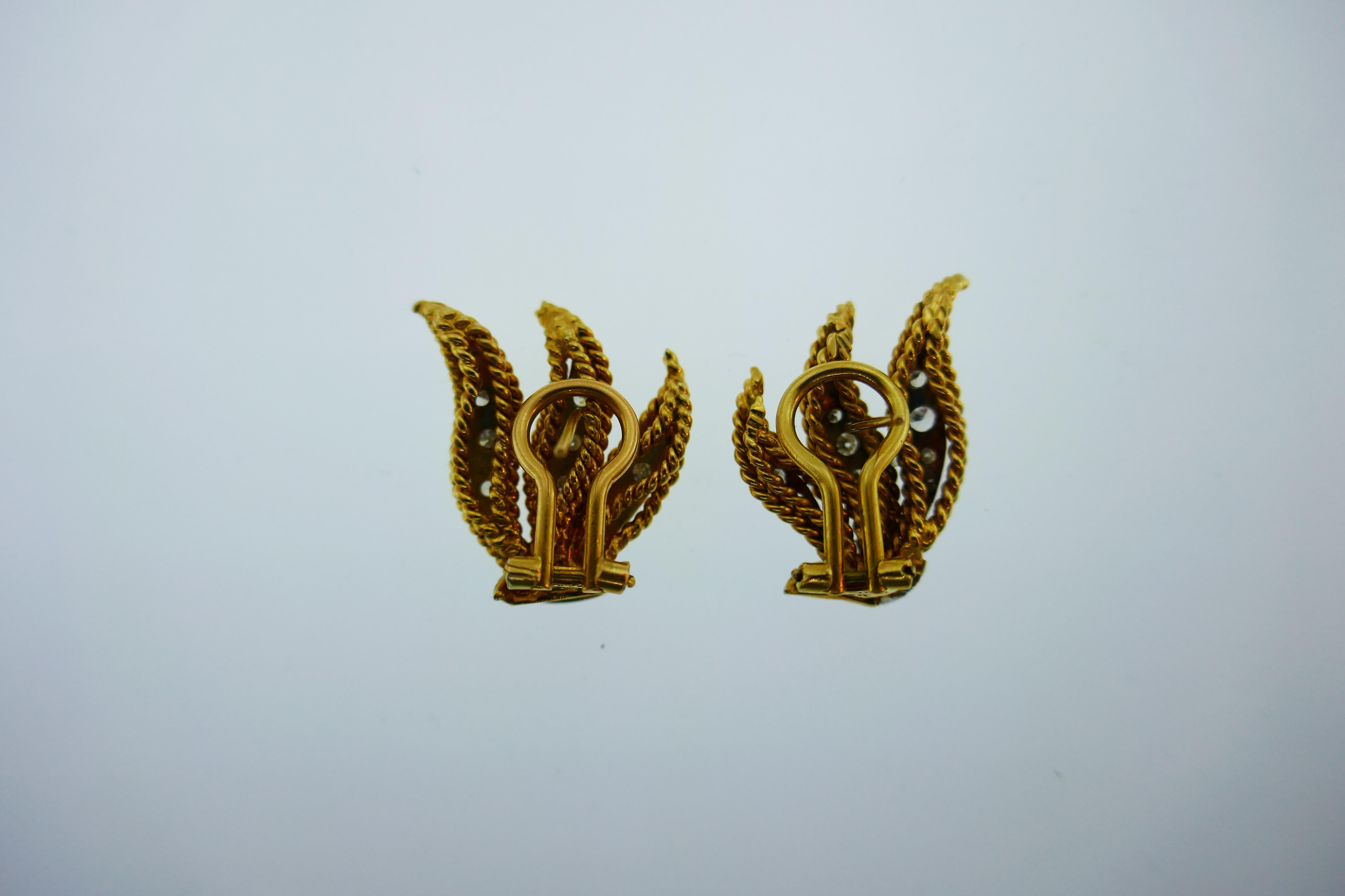 Tiffany & Co. 18k Yellow & White Gold and Diamond Leaf Motif Earrings Italy Rare In Excellent Condition For Sale In Beverly Hills, CA