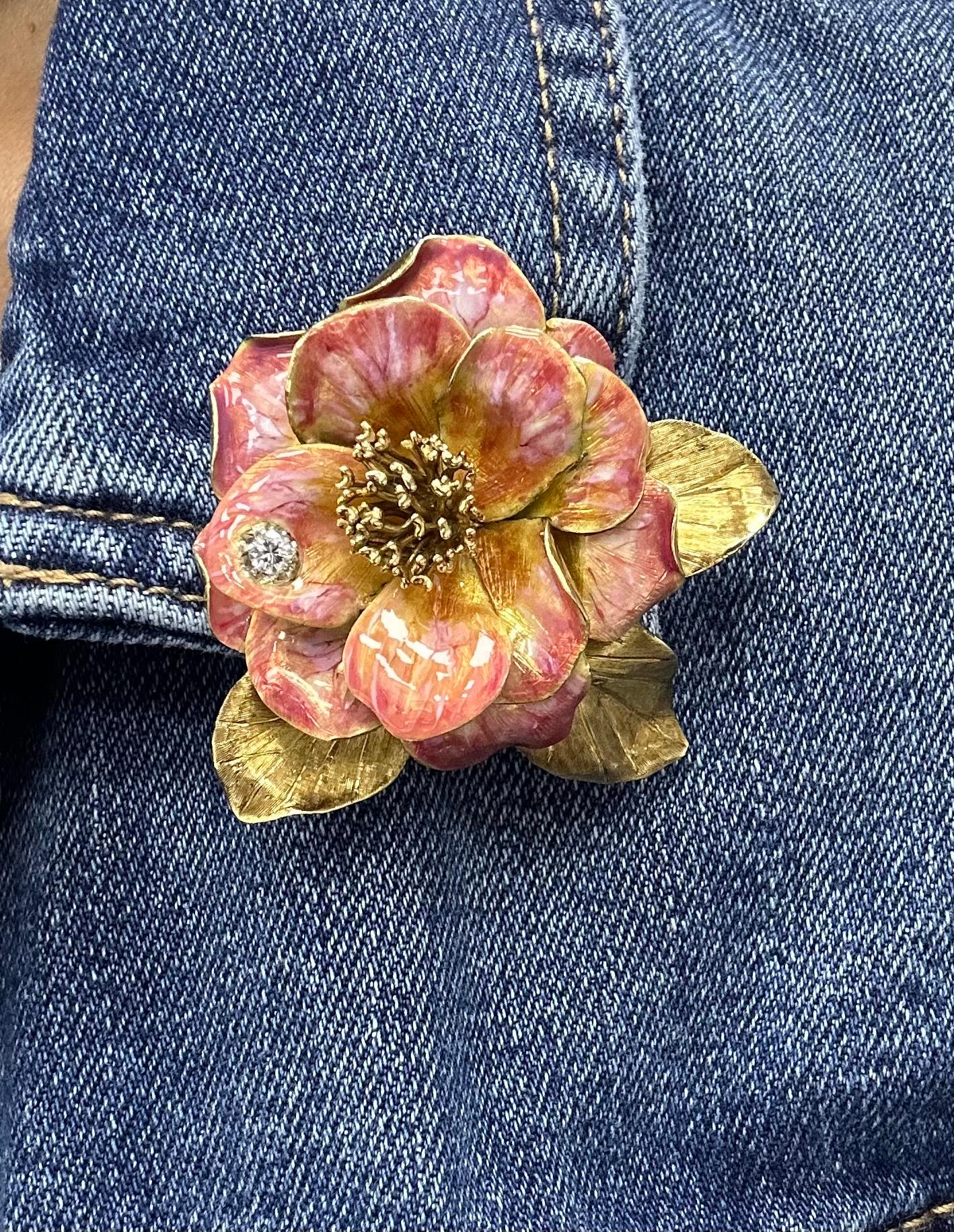 Tiffany & Co unique 1900 18k YG Pinkish Enamel Flower Brooch with a diamond, 28.9g, maker 18k Italy Tiffany & Co. approx 2.5 inches width & 2 inch length