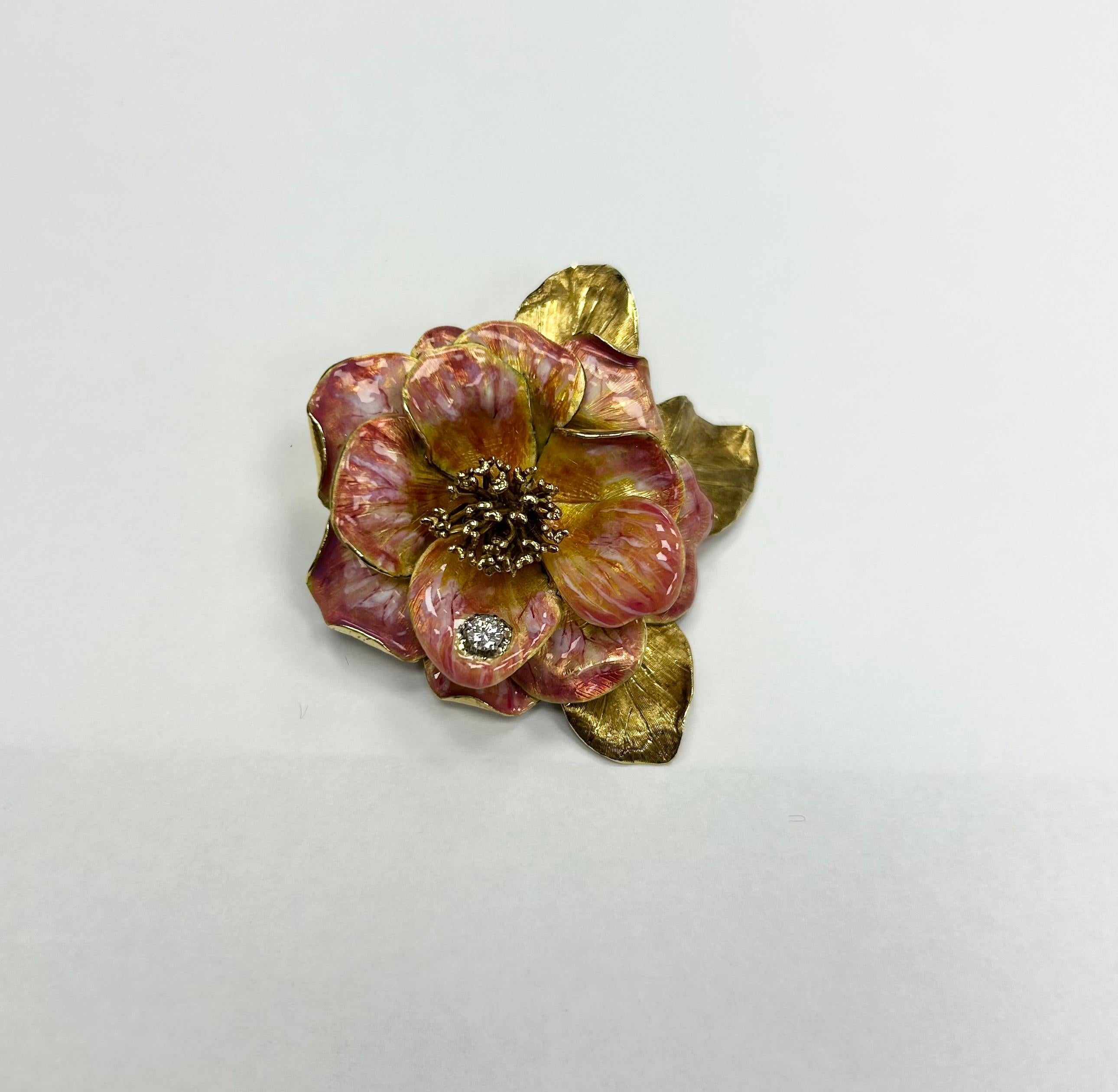 Tiffany & Co 18k YG Enamel Flower Brooch with a diamond In Excellent Condition For Sale In New York, NY