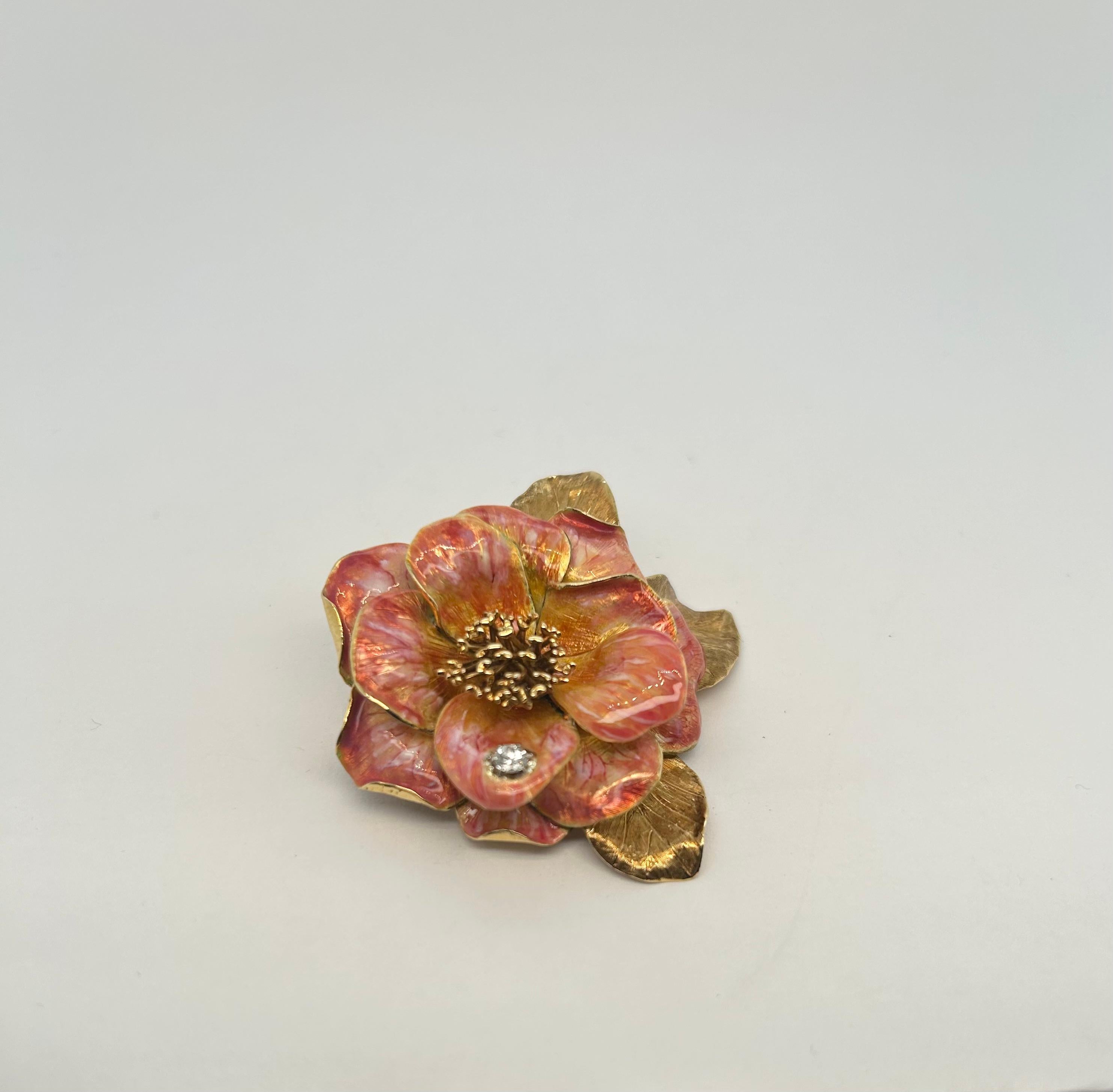 Women's Tiffany & Co 18k YG Enamel Flower Brooch with a diamond For Sale