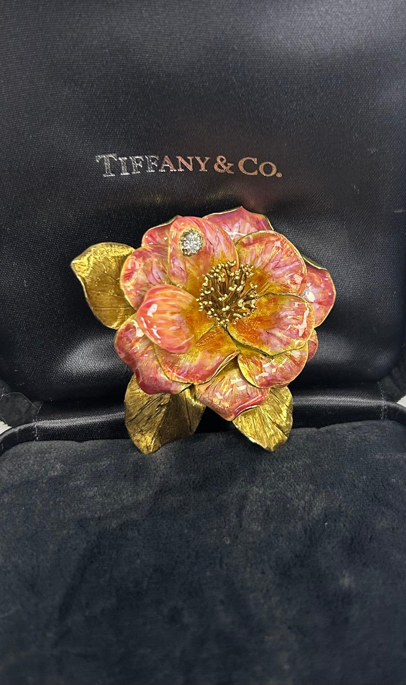 Tiffany & Co 18k YG Enamel Flower Brooch with a diamond For Sale 1