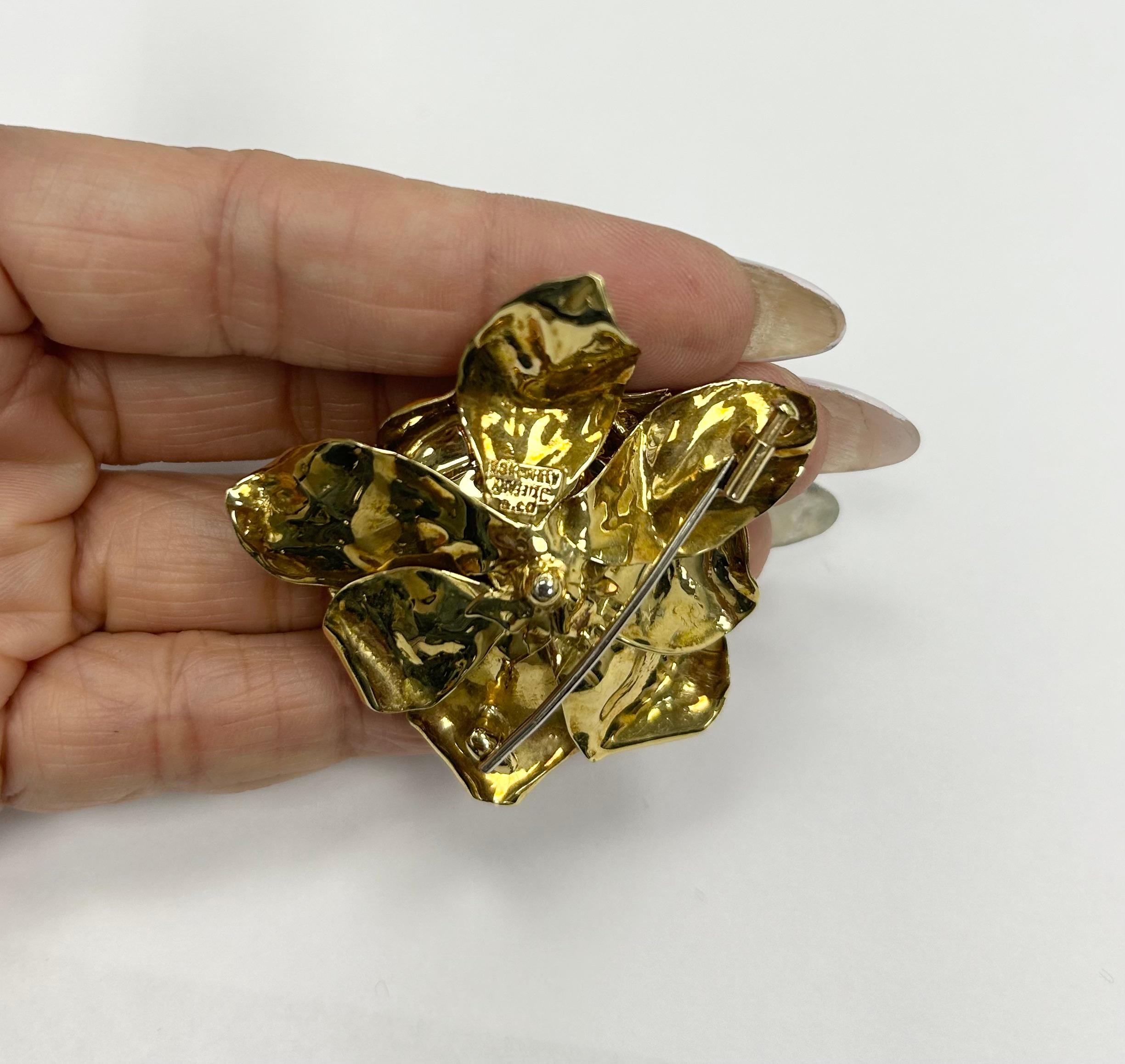 Tiffany & Co 18k YG Enamel Flower Brooch with a diamond For Sale 2