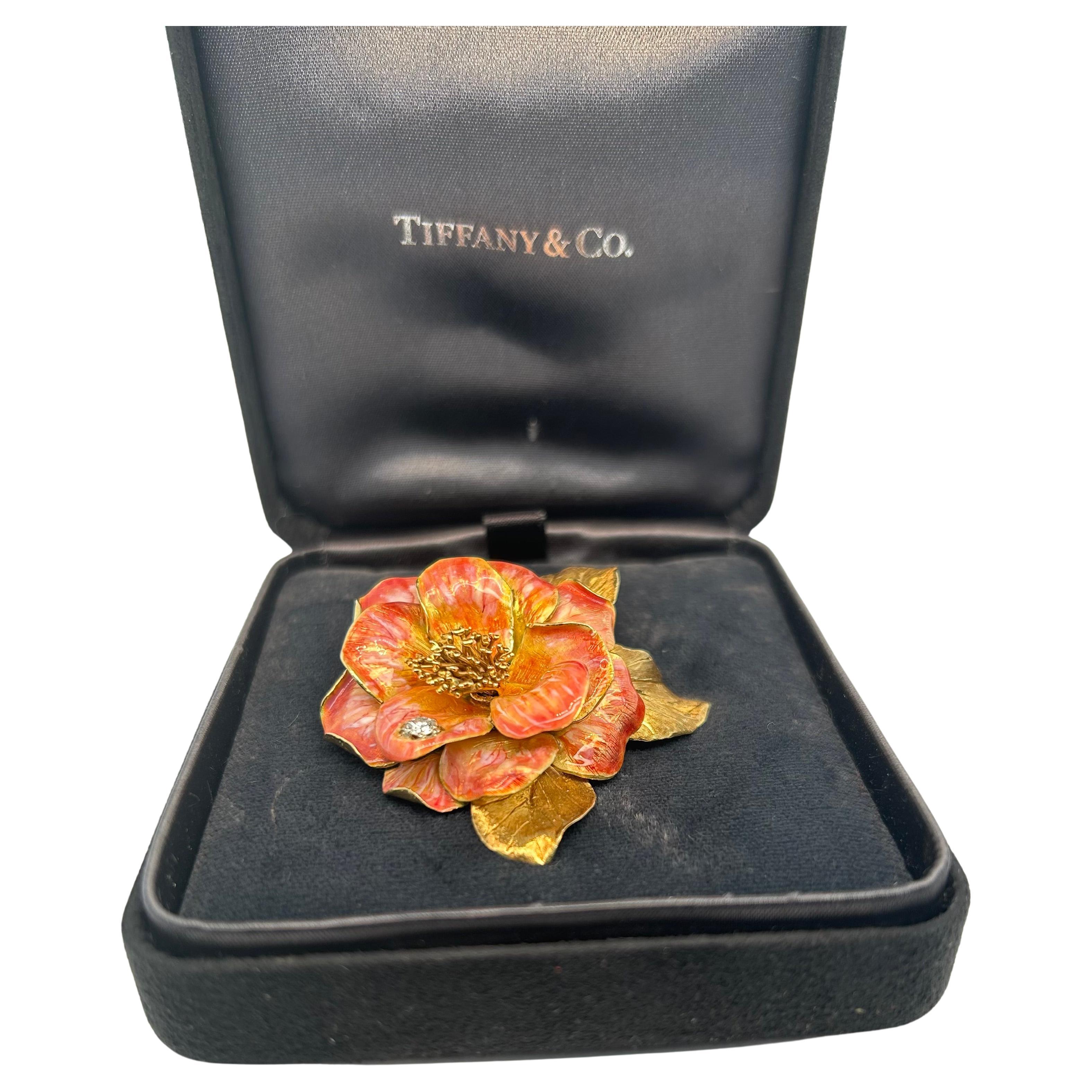 Tiffany & Co 18k YG Enamel Flower Brooch with a diamond For Sale 3