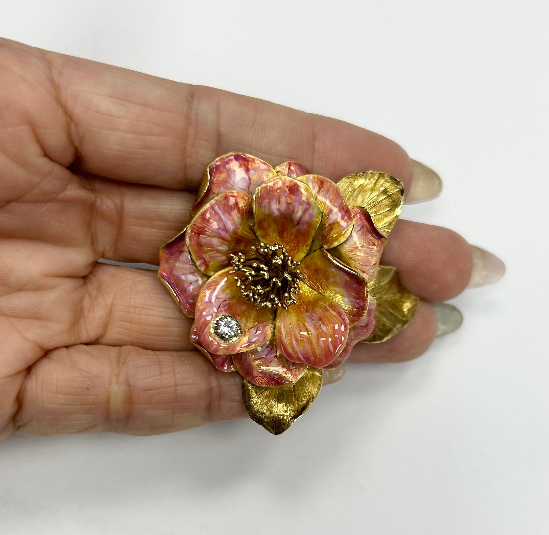 Tiffany & Co 18k YG Enamel Flower Brooch with a diamond For Sale 4