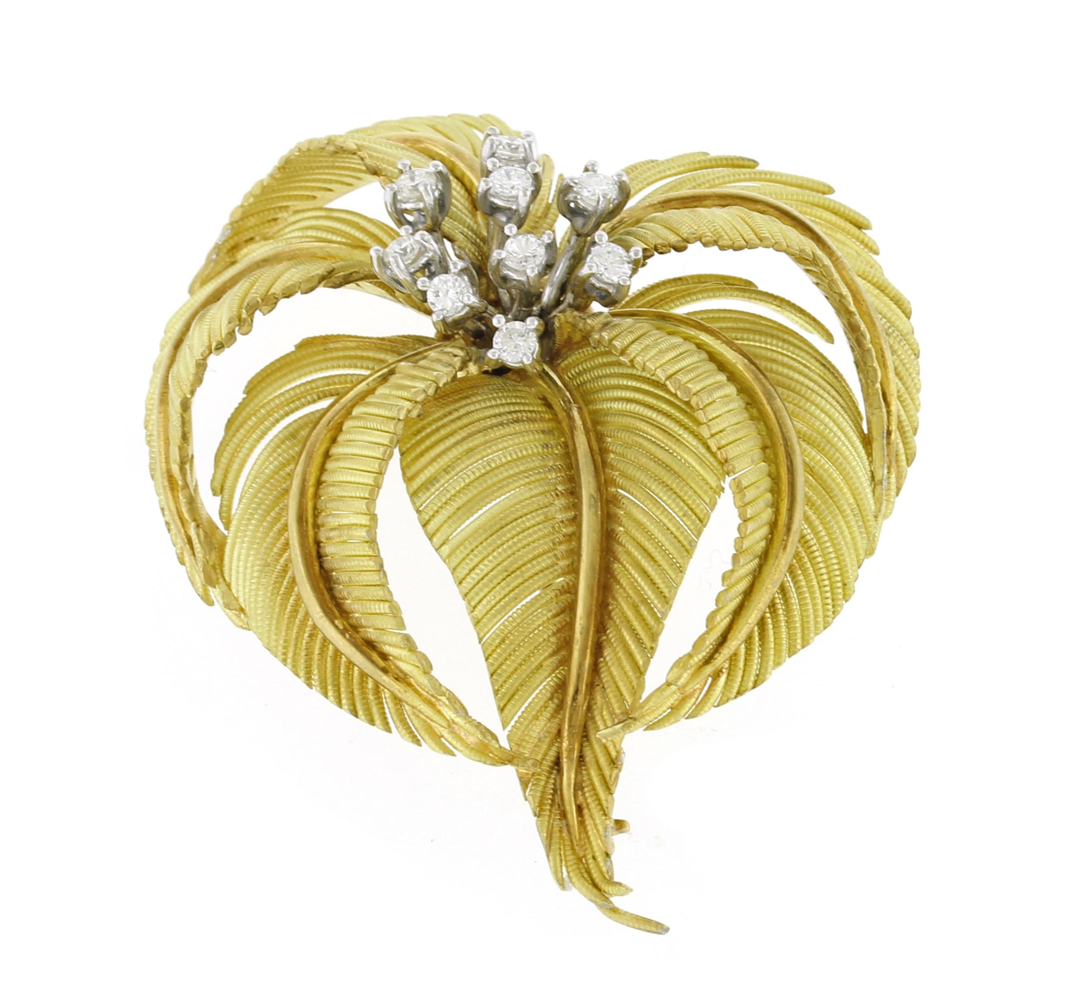 Brilliant Cut Tiffany & Co. 18kt Gold and Diamond Palm Brooch For Sale
