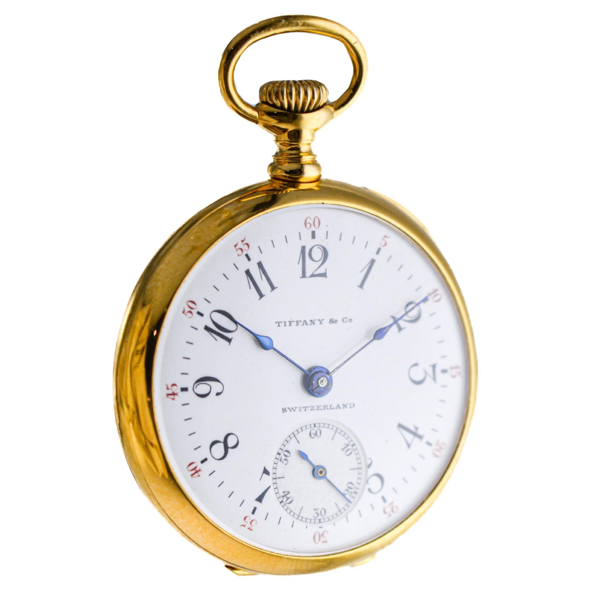 Art Deco Tiffany & Co 18Kt Gold Pendant Watch with Gold Chain from 1912 Enamel Dial For Sale