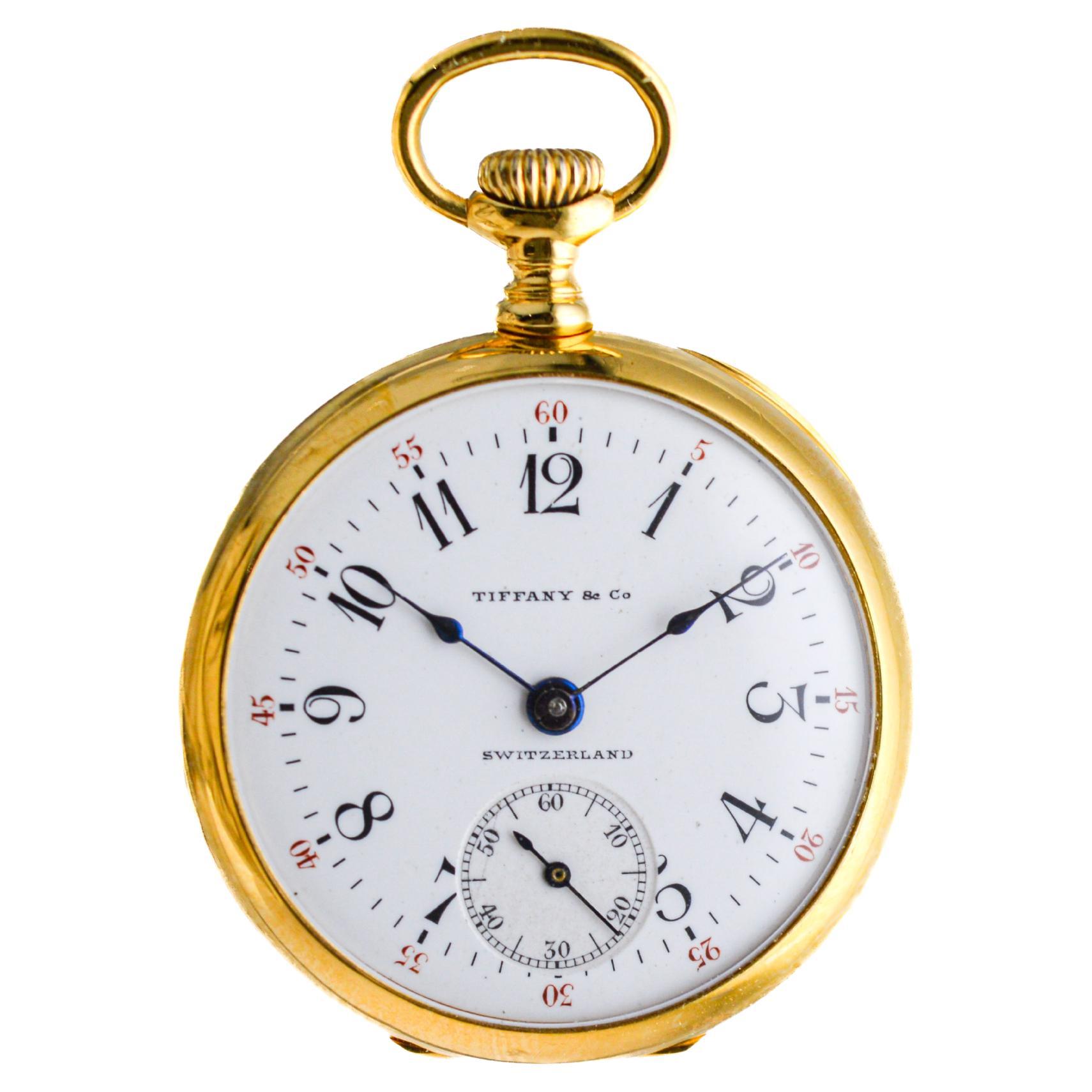 Tiffany & Co 18Kt Gold Pendant Watch with Gold Chain from 1912 Enamel Dial In Excellent Condition For Sale In Long Beach, CA