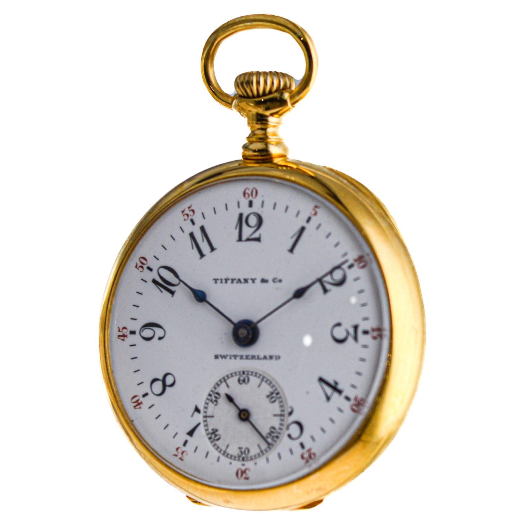 Women's or Men's Tiffany & Co 18Kt Gold Pendant Watch with Gold Chain from 1912 Enamel Dial For Sale