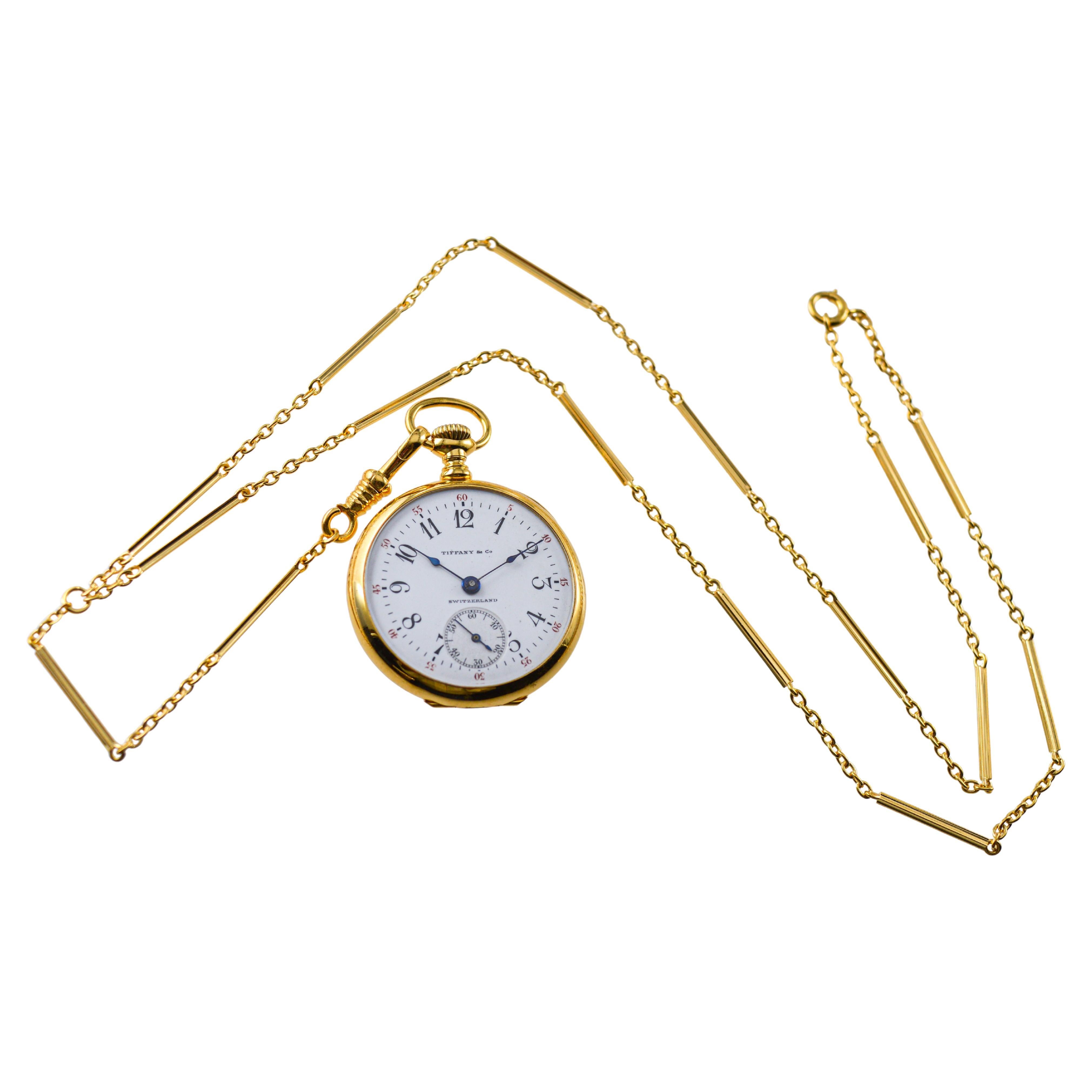 Tiffany & Co 18Kt Gold Pendant Watch with Gold Chain from 1912 Enamel Dial
