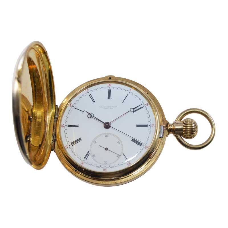 FACTORY / HOUSE: Tiffany & Co.
STYLE / REFERENCE: Hunters Case Pocket Watch 
METAL / MATERIAL: 18kt Yellow Solid Gold 
CIRCA / YEAR: 1900's
DIMENSIONS / SIZE: 52mm
MOVEMENT / CALIBER: Manual Winding / 23 Jewels / High Grade Hand Made
DIAL / HANDS: